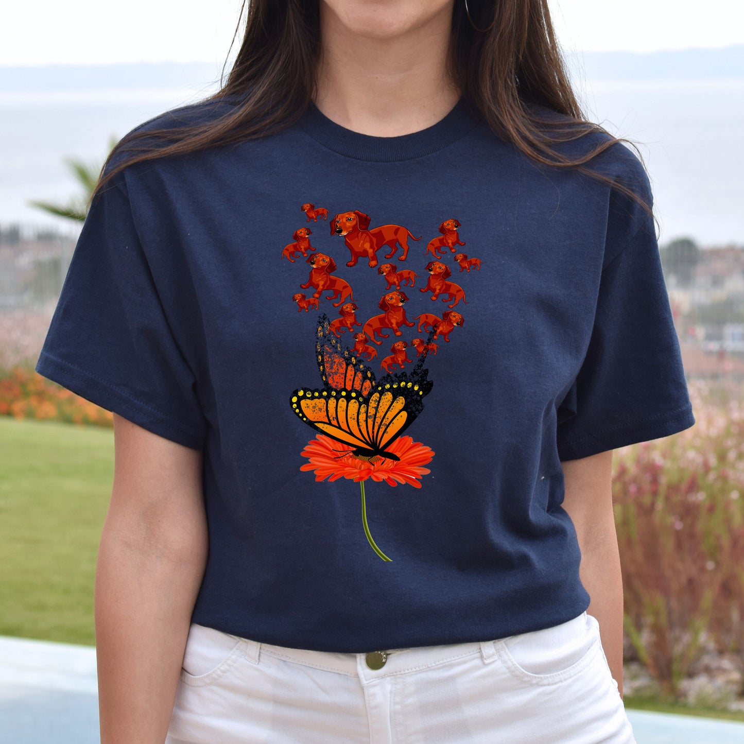 Flower butterfly dogs Unisex t-shirt gift black navy dark heather-Navy-Family-Gift-Planet