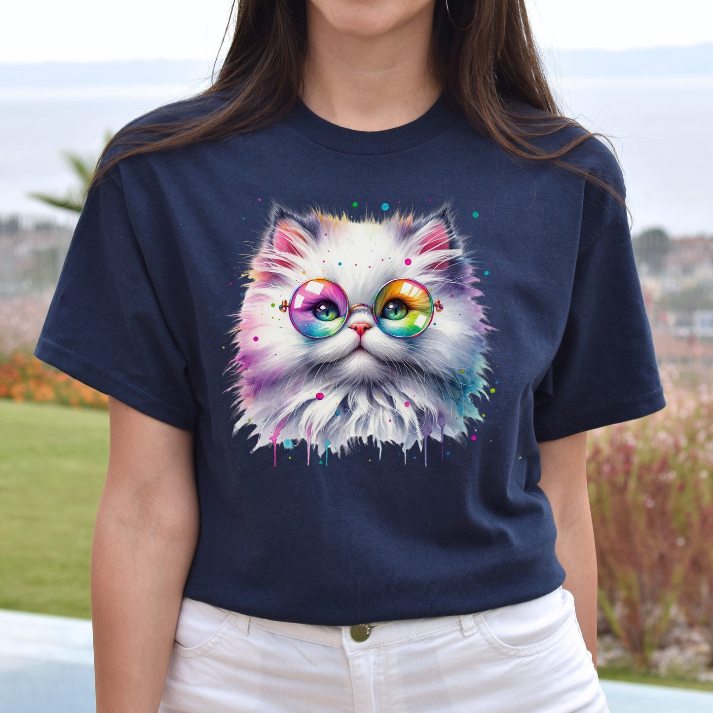 Fluffy kitten with glasses Color Splash Unisex T-shirt Black Navy Dark Heather-Navy-Family-Gift-Planet