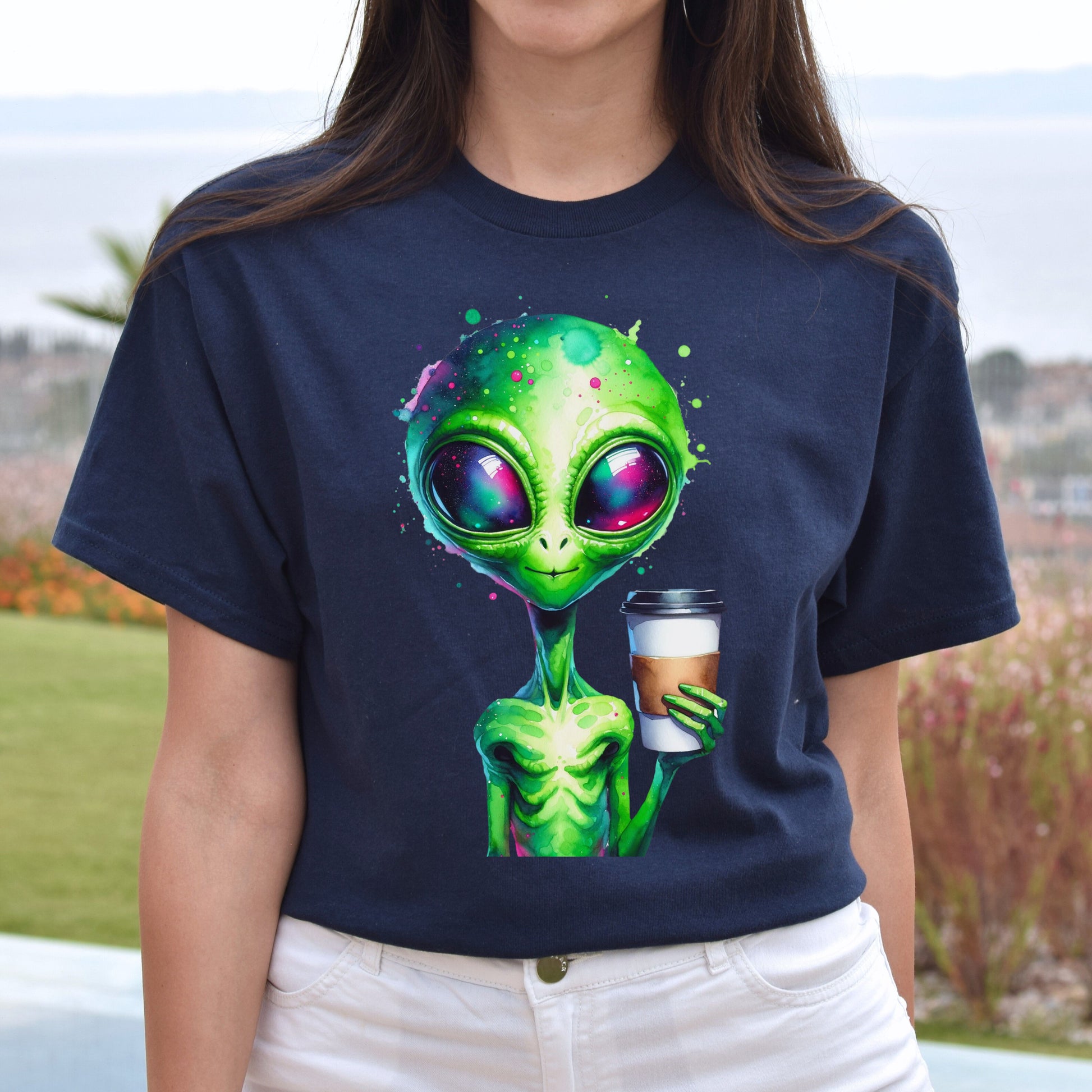 Green alien with tall coffee Color Splash Unisex T-shirt Black Navy Dark Heather-Navy-Family-Gift-Planet