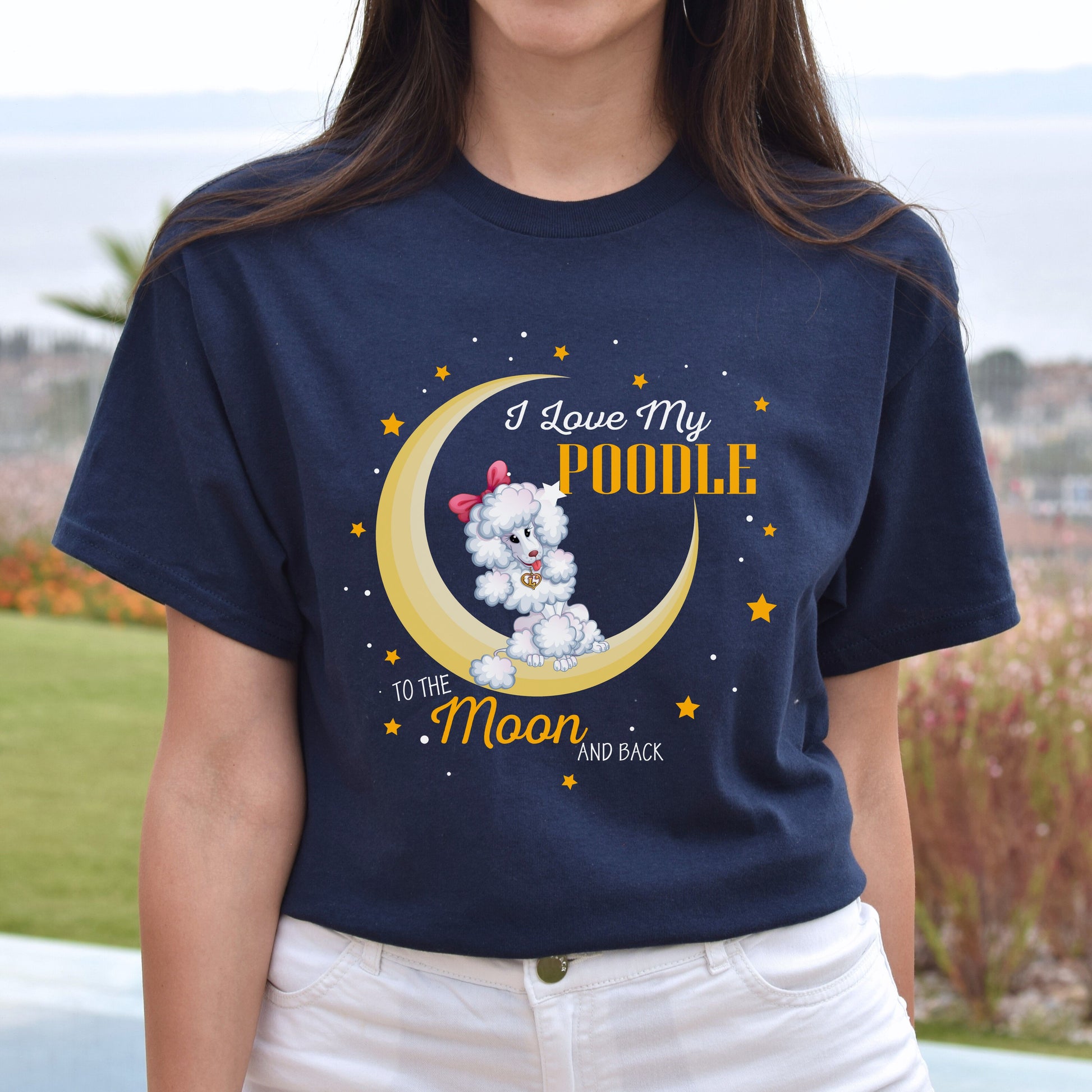 I love my poodle to the moon and back Unisex t-shirt gift black navy dark heather-Navy-Family-Gift-Planet