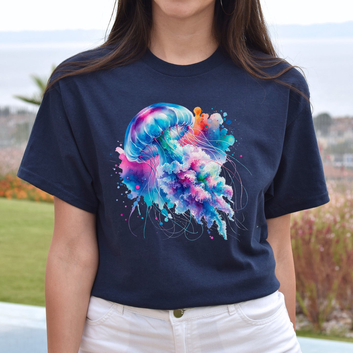 Jellyfish Color Splash Unisex T-Shirt Black Navy Dark Heather-Navy-Family-Gift-Planet