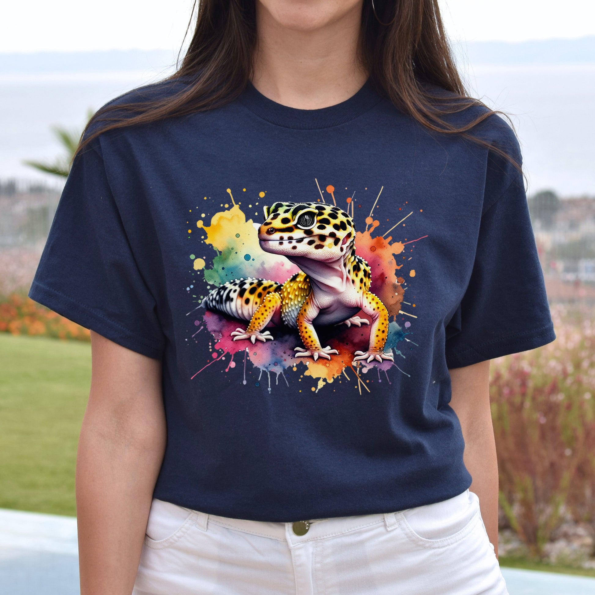 Leopard Gecko Color Splash Unisex T-Shirt Black Navy Dark Heather-Navy-Family-Gift-Planet