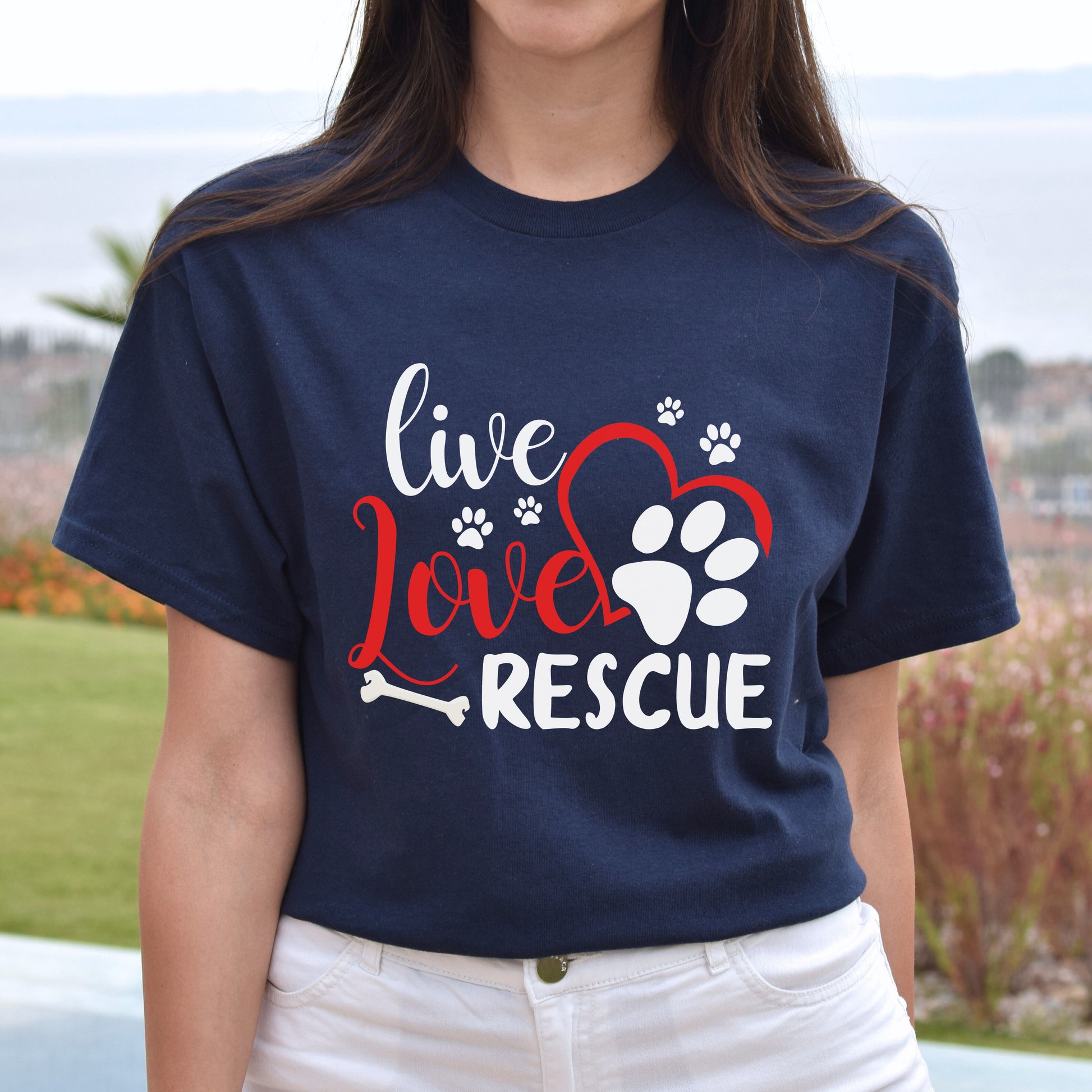 Live love rescue - dog adoption Unisex t-shirt gift black navy dark heather-Navy-Family-Gift-Planet