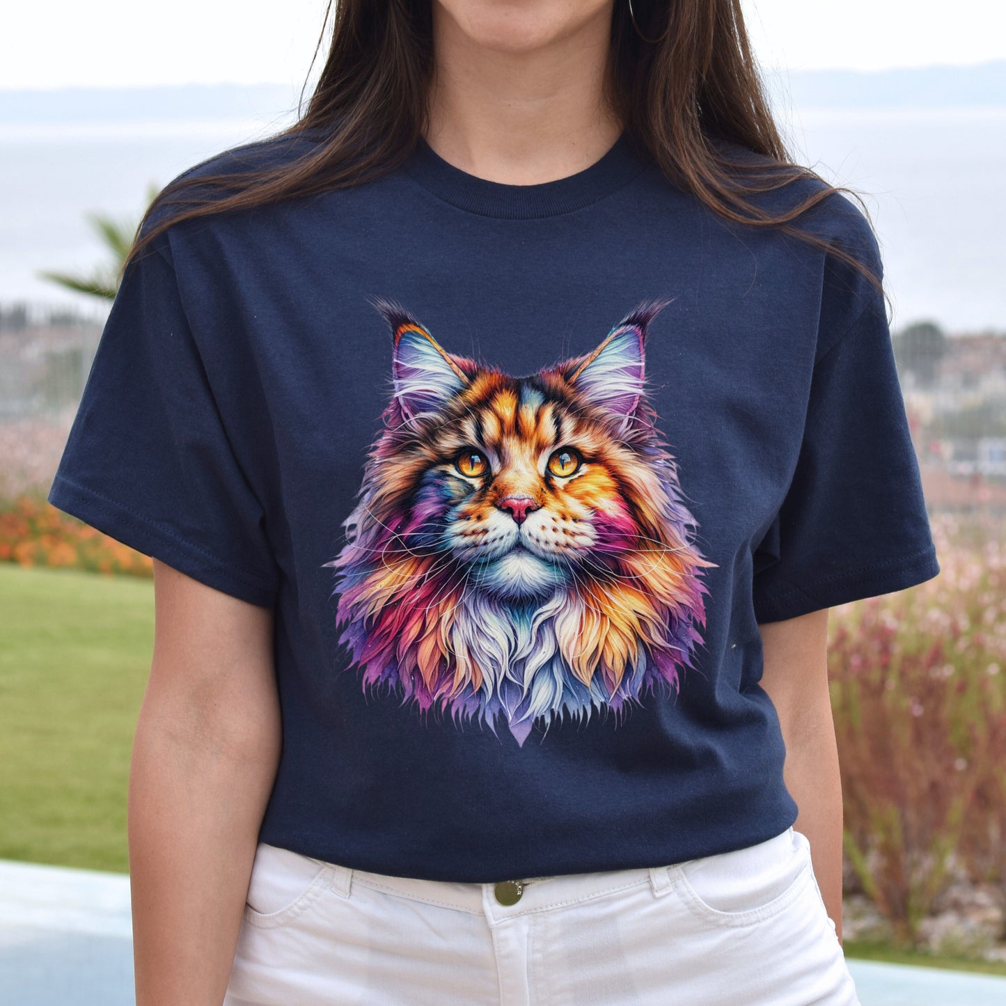 Maine Coon Cat Color Splash Unisex T-Shirt Black Navy Dark Heather-Navy-Family-Gift-Planet