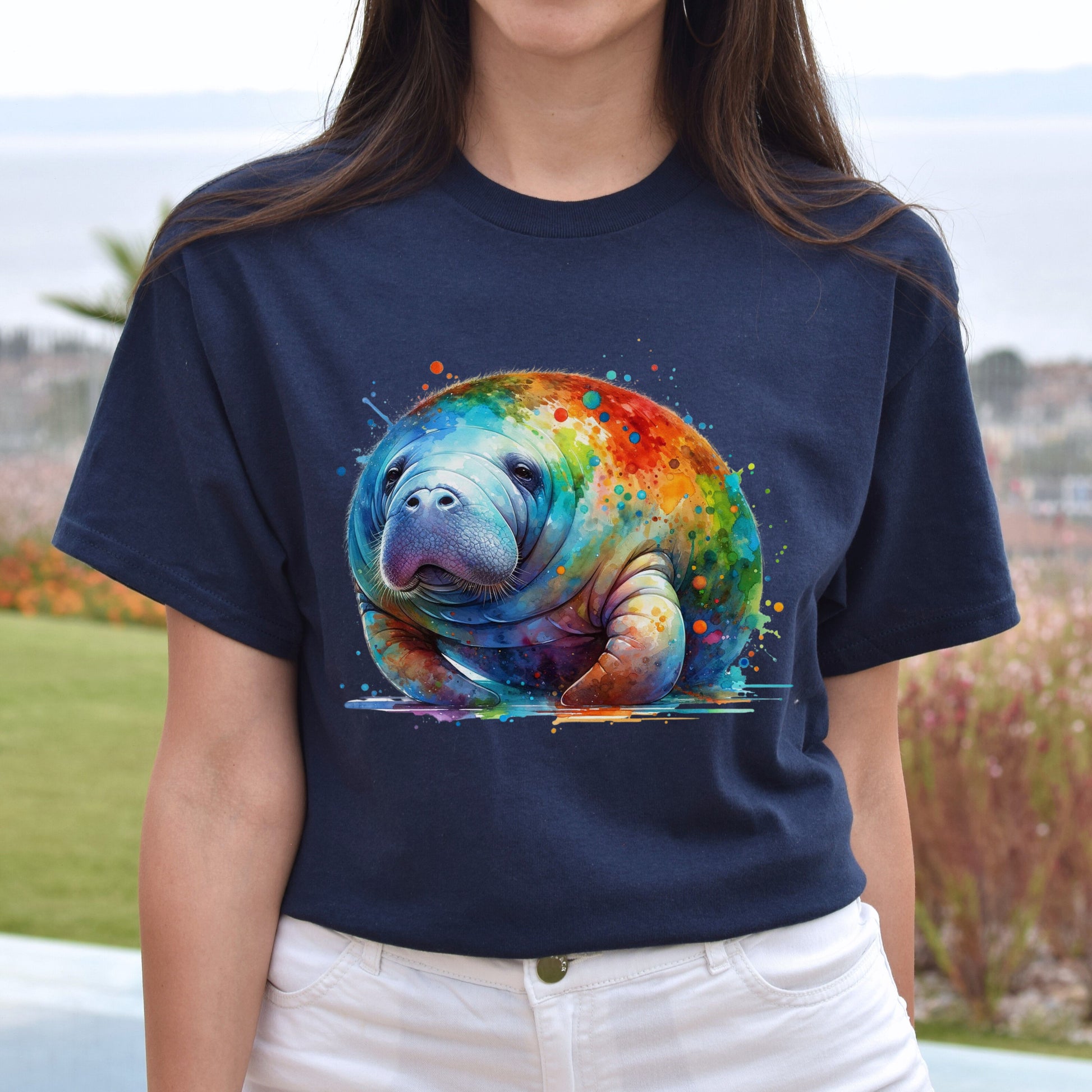 Artistic Manatee Color Splash Unisex T-shirt Black Navy Dark Heather-Navy-Family-Gift-Planet