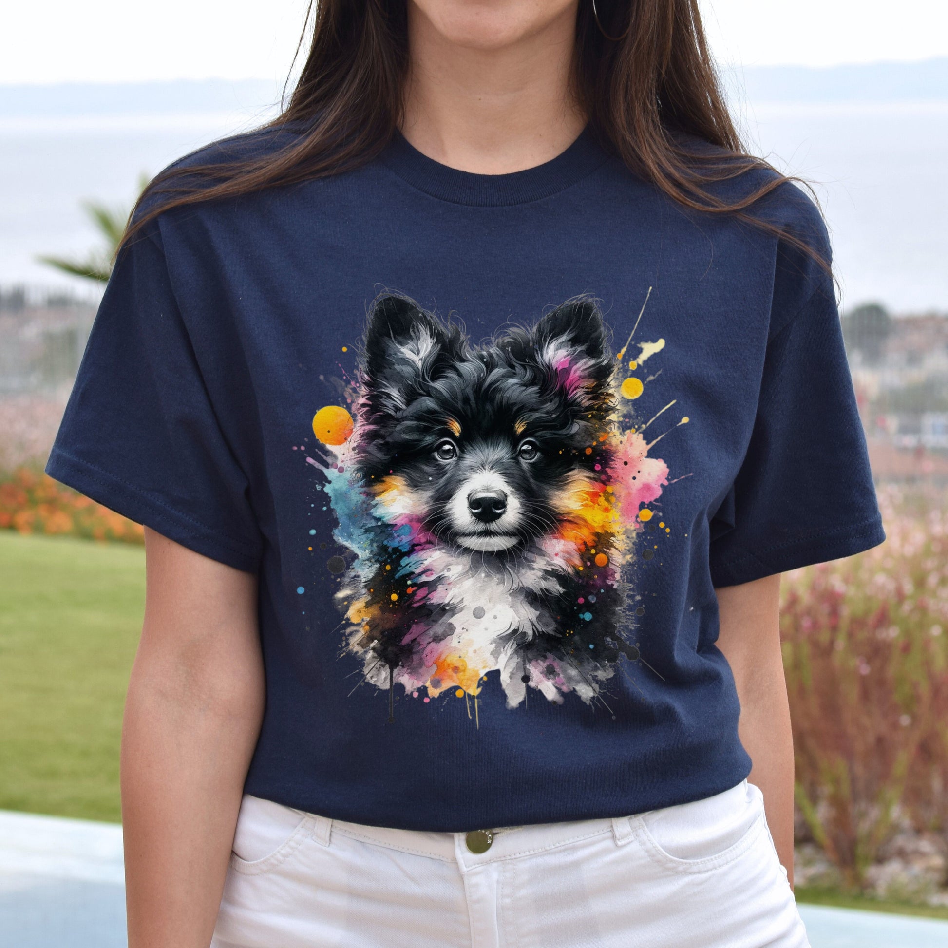 Artistic Mudi dog mama Color Splash Unisex T-shirt Black Navy Dark Heather-Navy-Family-Gift-Planet