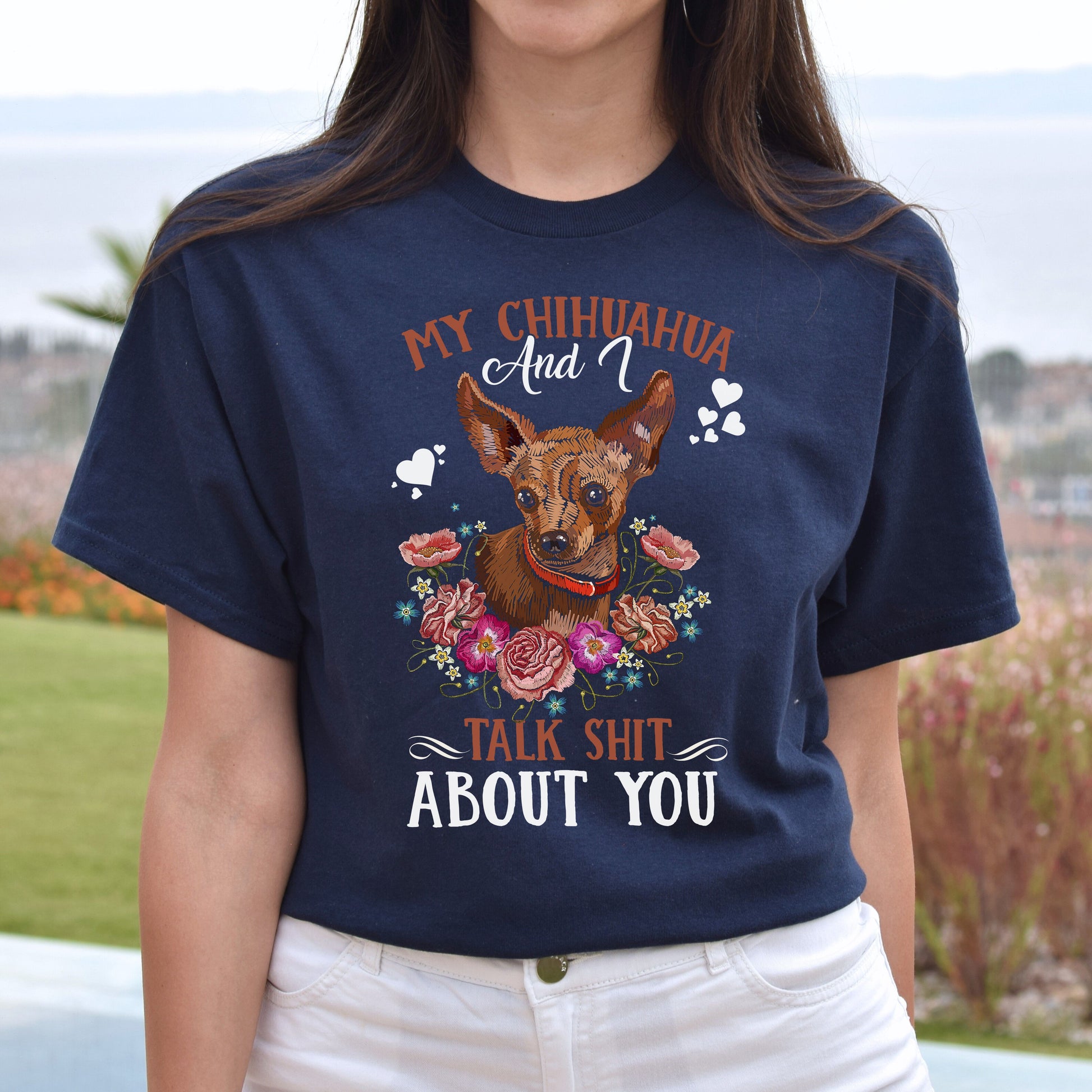 My chihuahua and I talk shit about you Unisex t-shirt gift black navy dark heather-Navy-Family-Gift-Planet