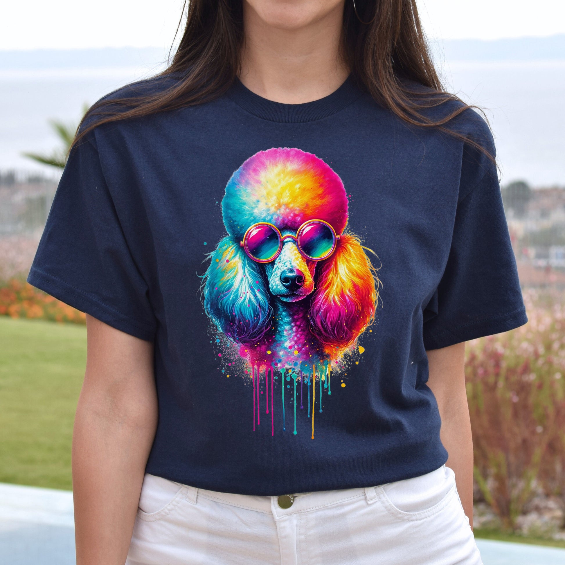 Neon Poodle Color Splash Unisex T-shirt Black Navy Dark Heather-Navy-Family-Gift-Planet