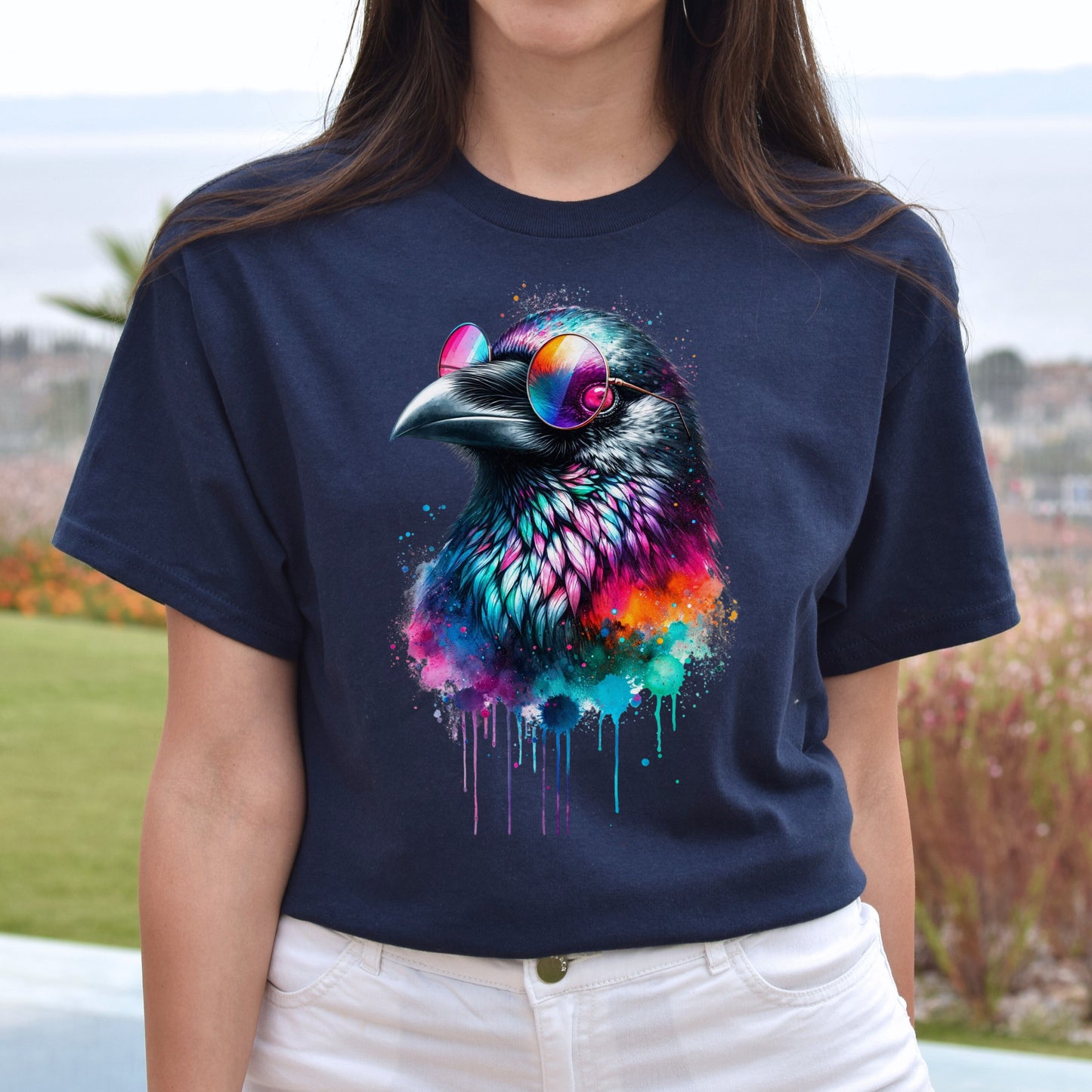 Neon Raven Color Splash Unisex T-shirt Black Navy Dark Heather-Navy-Family-Gift-Planet