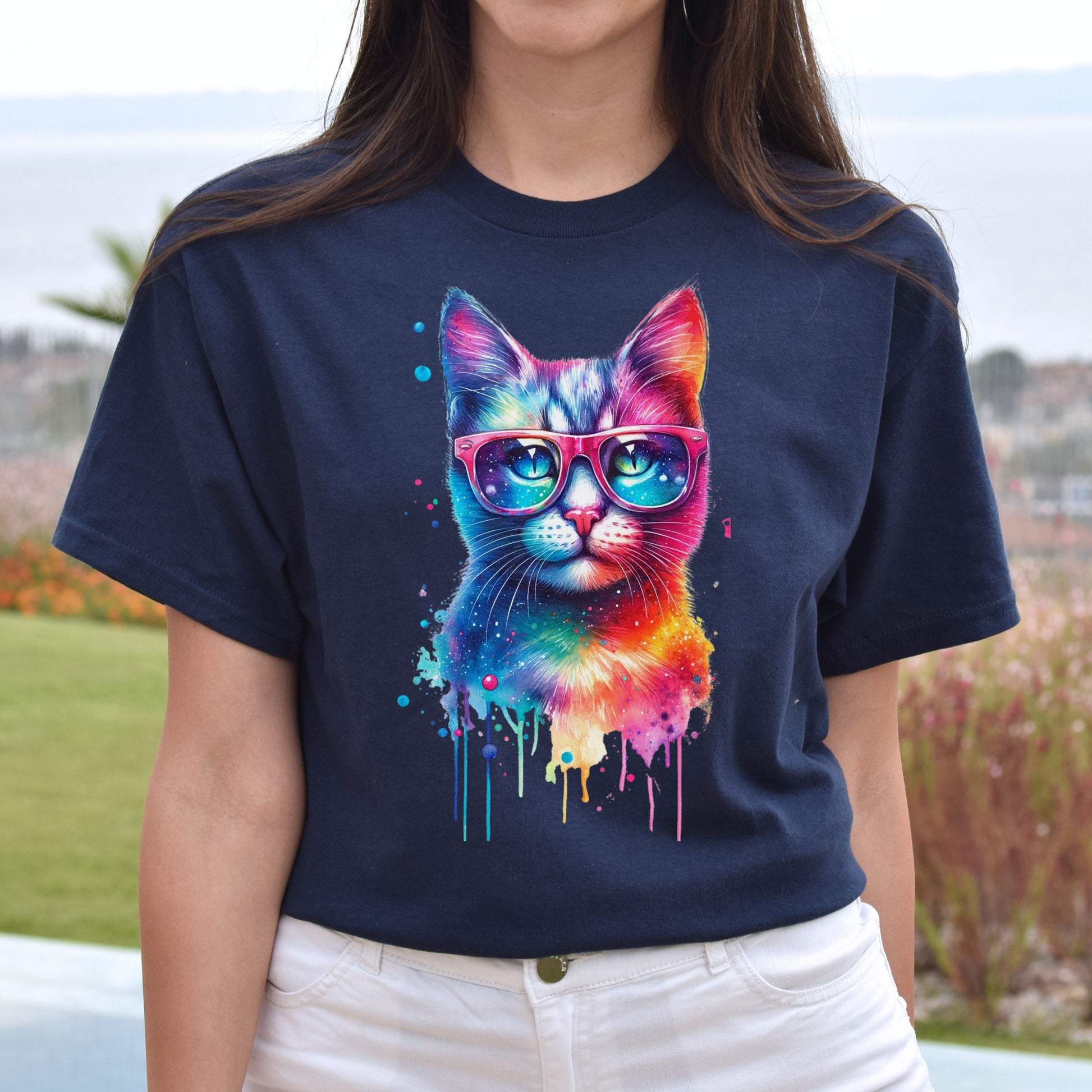 Neon cool cat Color Splash Unisex T-shirt Black Navy Dark Heather-Navy-Family-Gift-Planet