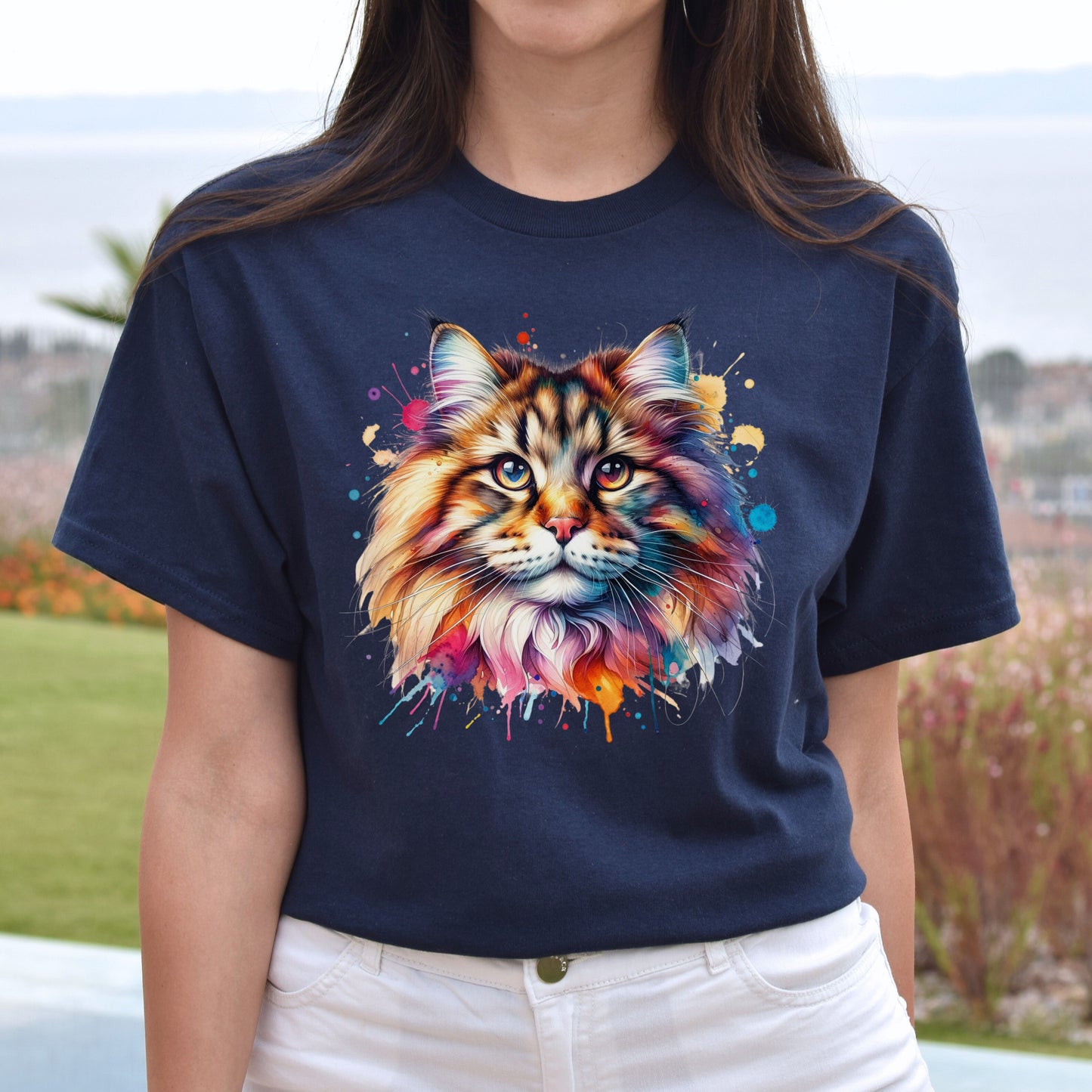 Norvegian Forest Cat Color Splash Unisex T-Shirt Black Navy Dark Heather-Navy-Family-Gift-Planet