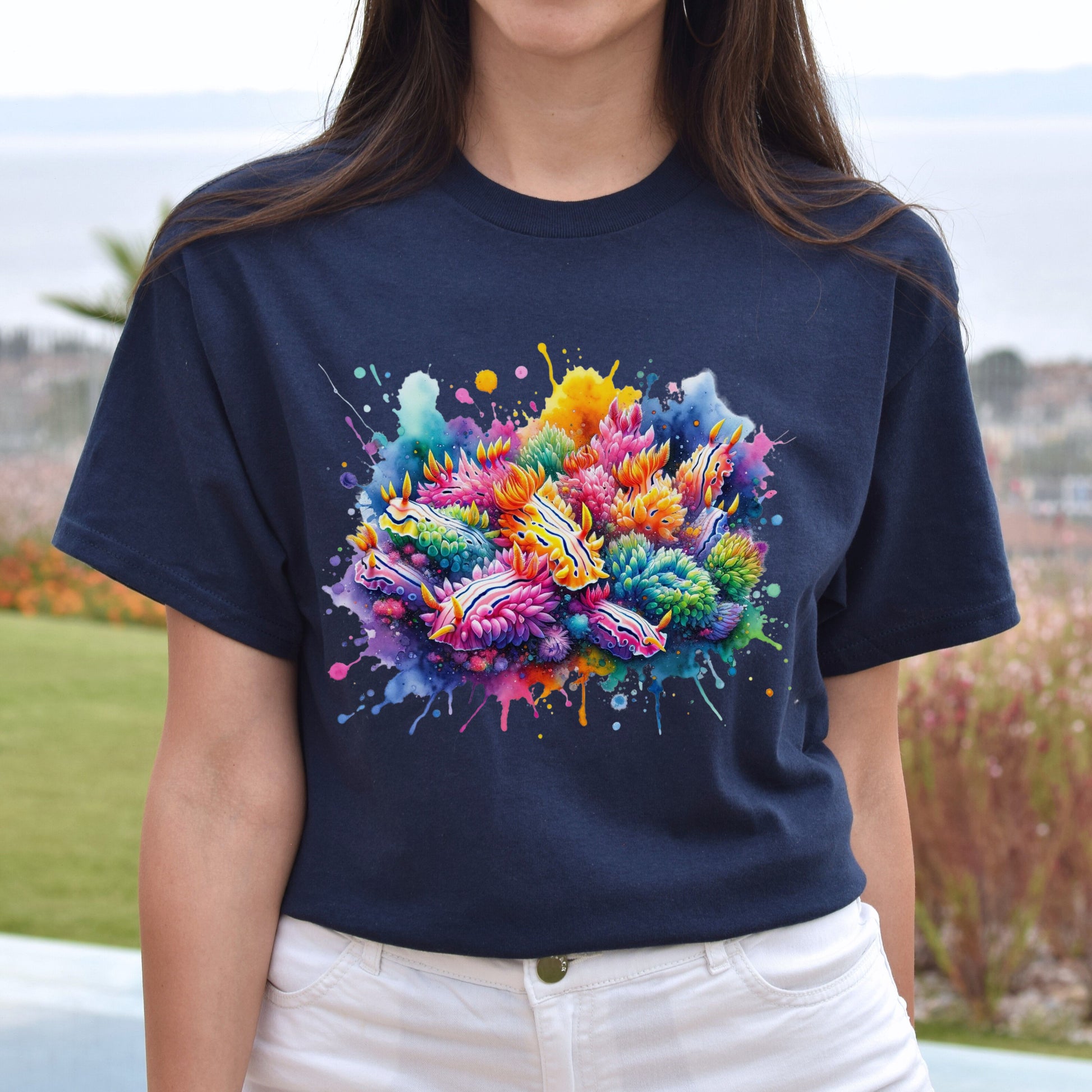 Nudibranchs Color Splash Unisex T-shirt Marine Mollusks Black Navy Dark Heather-Navy-Family-Gift-Planet