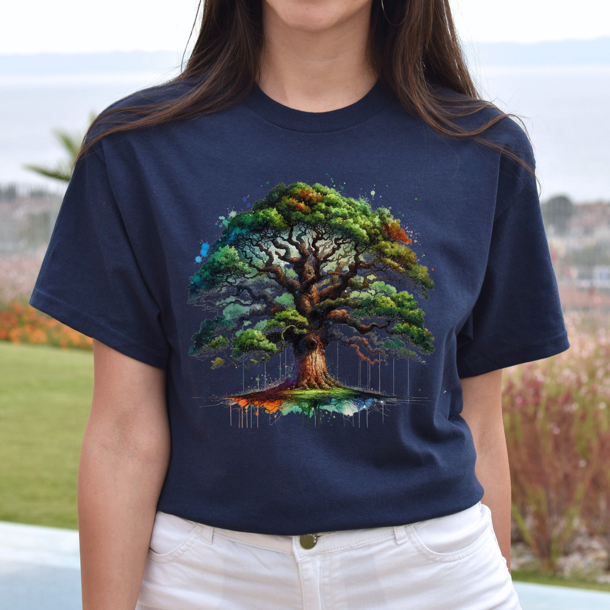 Artistic Oak Tree Color Splash Unisex T-shirt Black Navy Dark Heather-Navy-Family-Gift-Planet