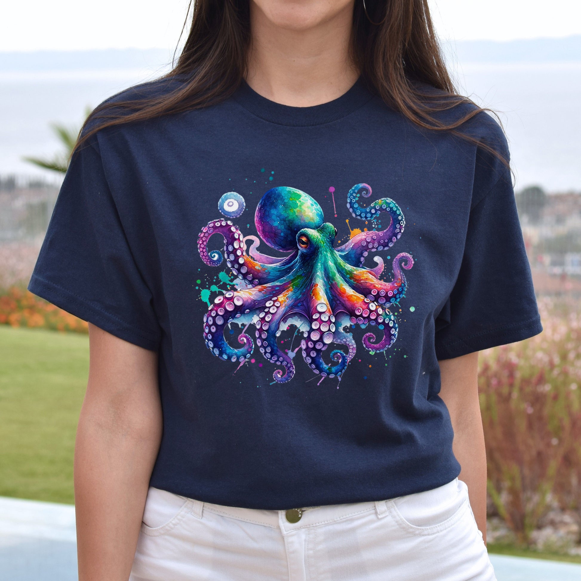 Octopus Color Splash Unisex T-Shirt Black Navy Dark Heather-Navy-Family-Gift-Planet