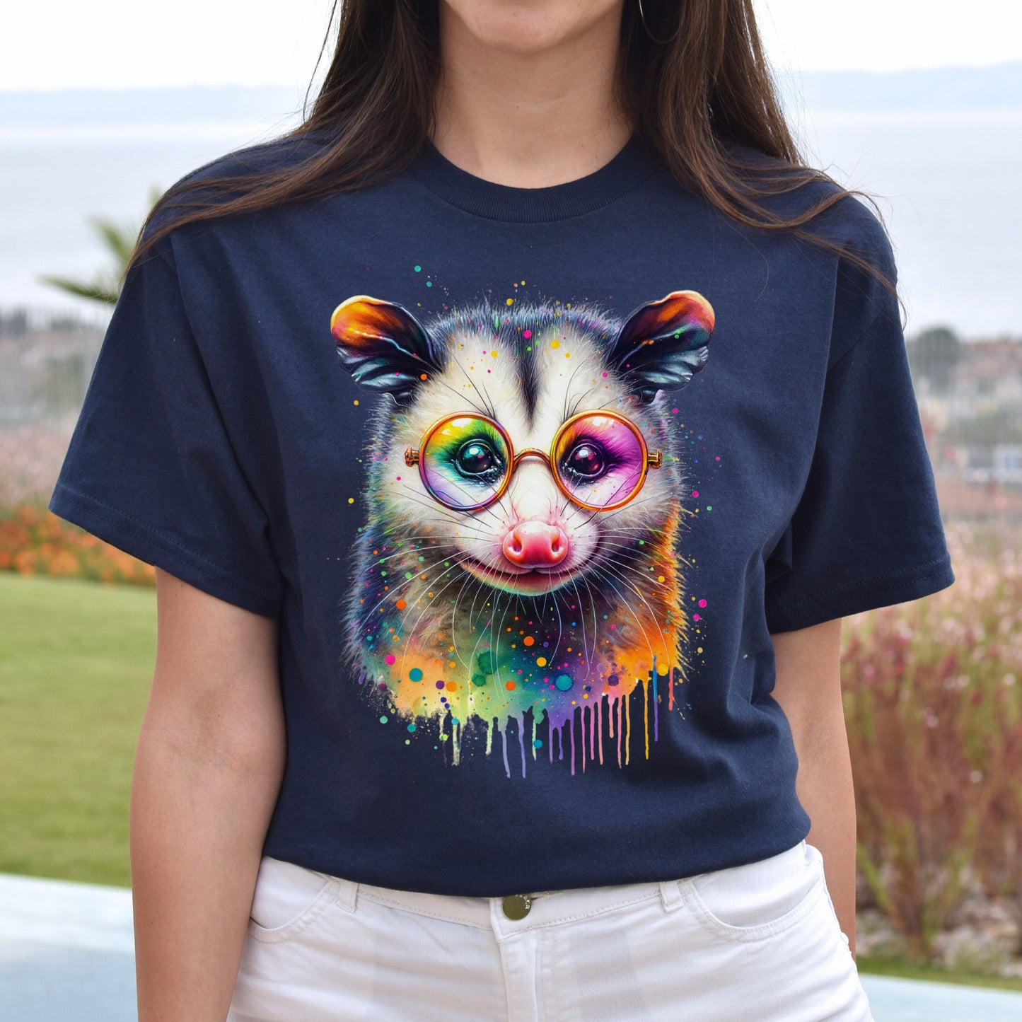 Opossum with glasses Color Splash Unisex T-shirt Black Navy Dark Heather-Navy-Family-Gift-Planet