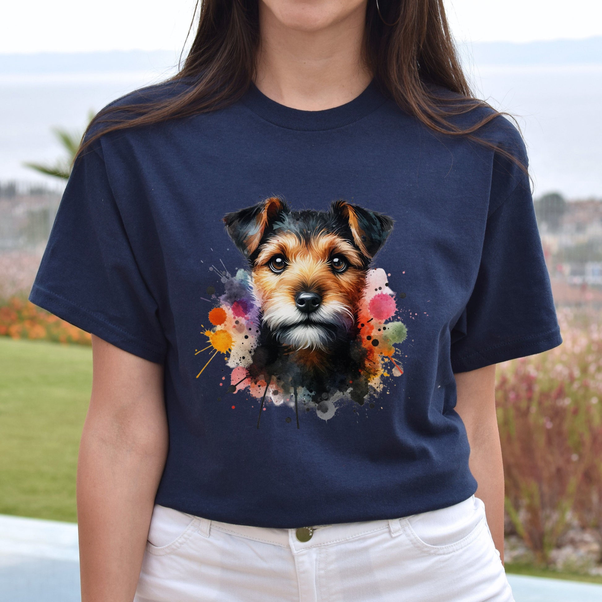 Artistic Patterdale Terrier mom Color Splash Unisex T-shirt Black Navy Dark Heather-Navy-Family-Gift-Planet