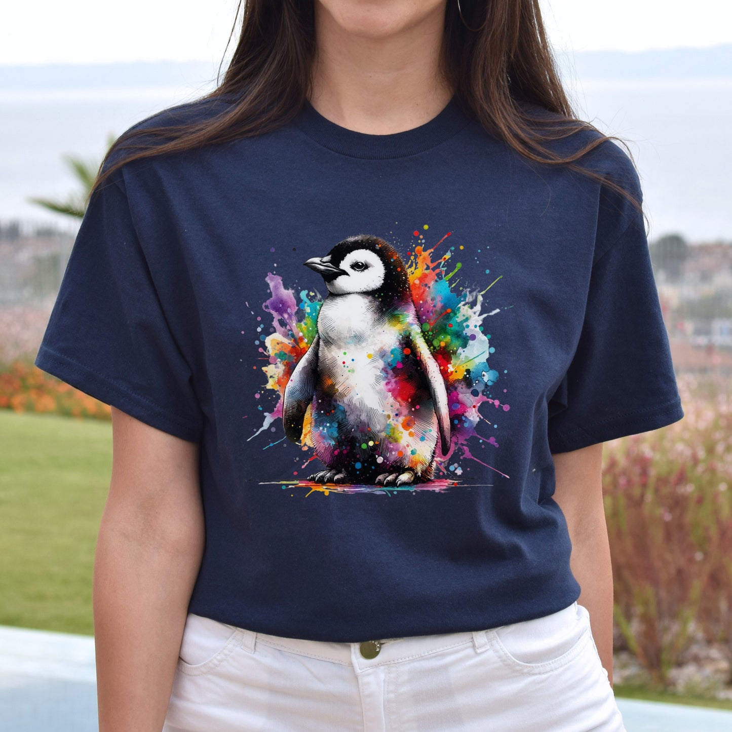 Artistic Penguin Color Splash Unisex T-shirt Black Navy Dark Heather-Navy-Family-Gift-Planet