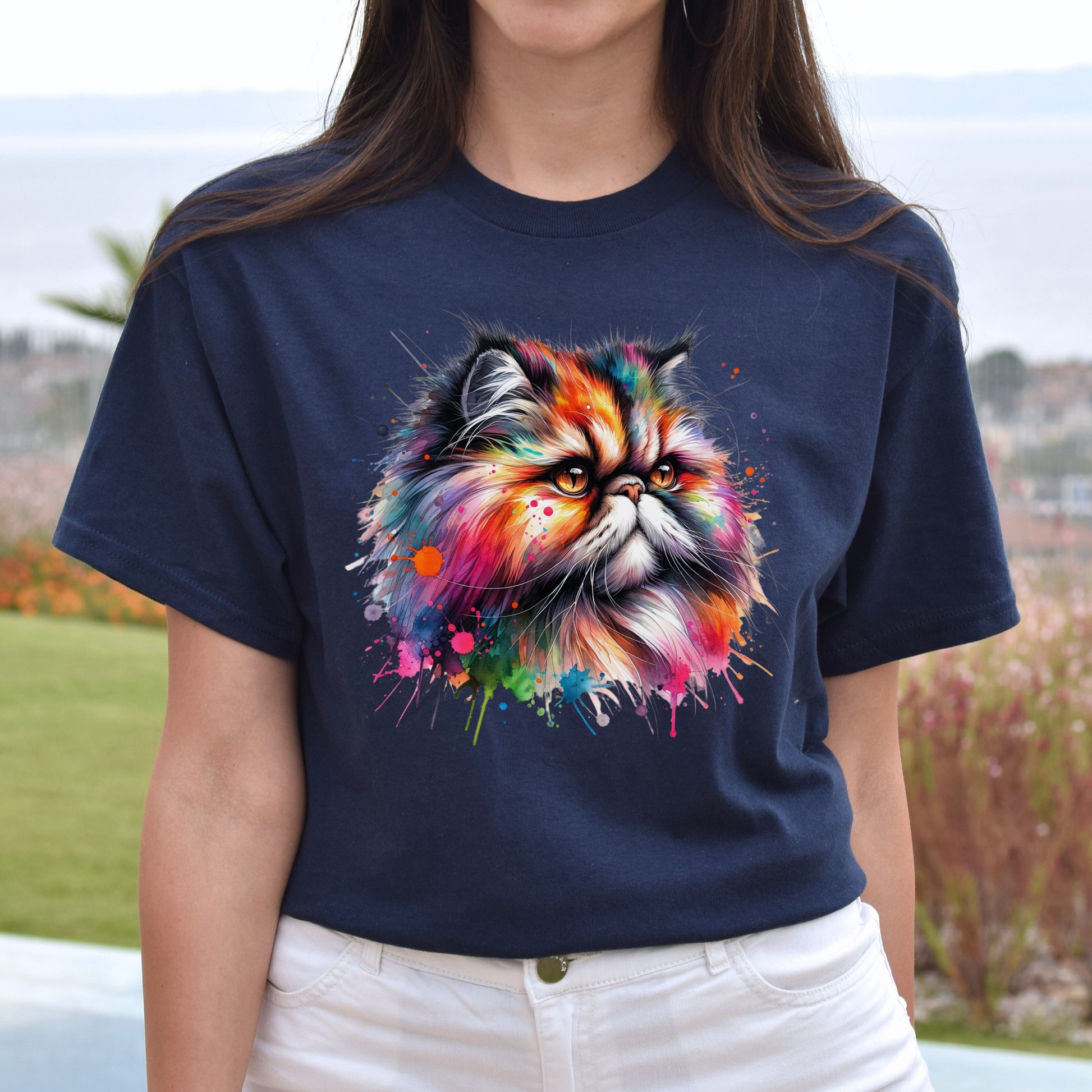 Persian Cat Mama Color Splash Unisex T-Shirt Black Navy Dark Heather-Navy-Family-Gift-Planet