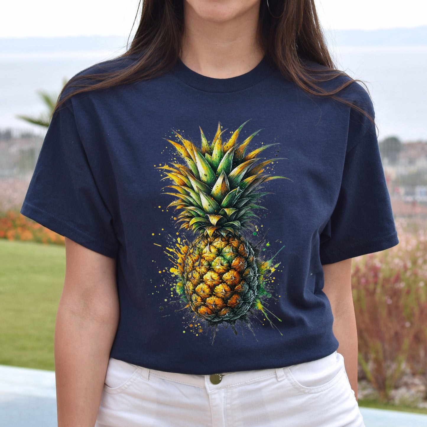 Artistic Pineapple Color Splash Unisex T-shirt Black Navy Dark Heather-Navy-Family-Gift-Planet