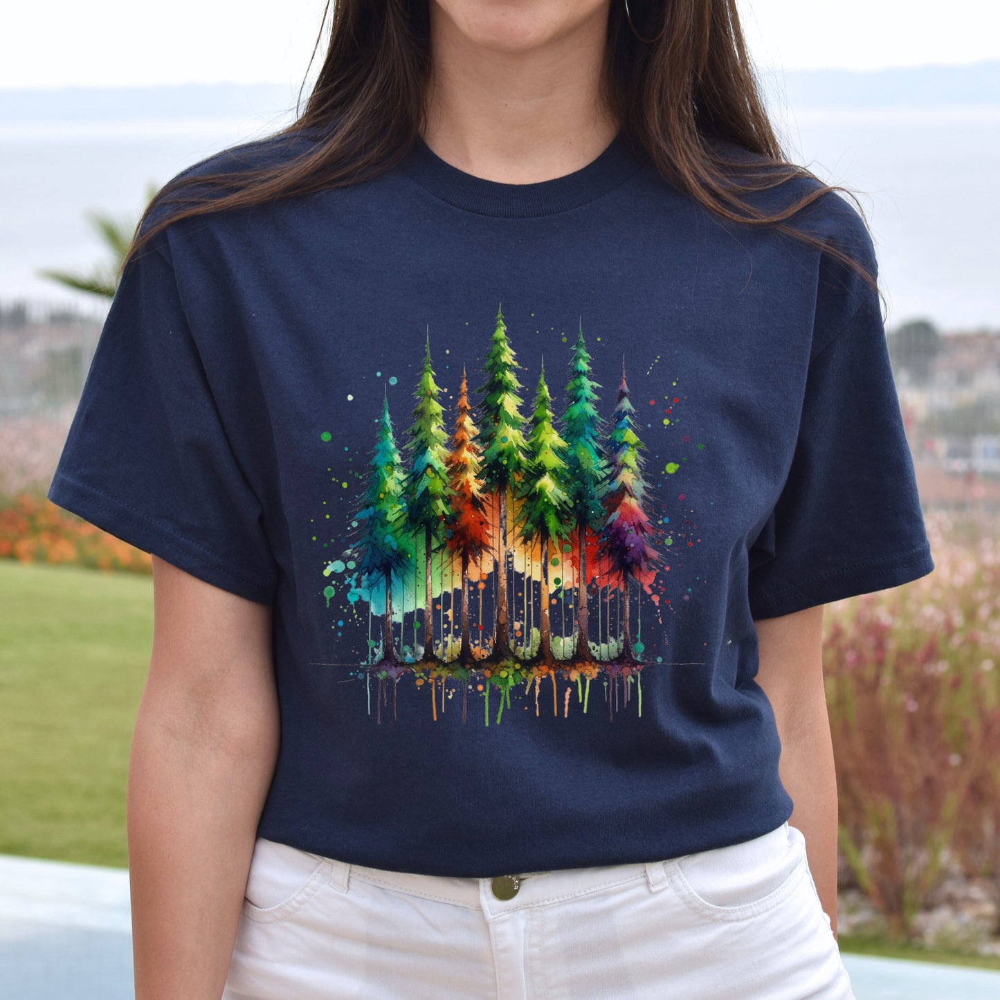 Mysterious Pine tree forest Color Splash Unisex T-shirt Black Navy Dark Heather-Navy-Family-Gift-Planet