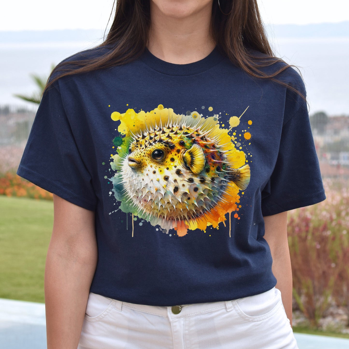 Vibrant Pufferfish Color Splash Unisex T-shirt Black Navy Dark Heather-Navy-Family-Gift-Planet