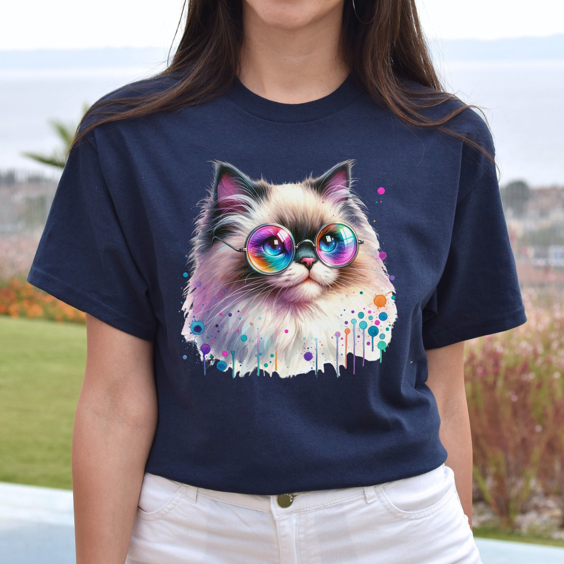 Ragdoll kitten with colorful glasses Color Splash Unisex T-shirt-Navy-Family-Gift-Planet