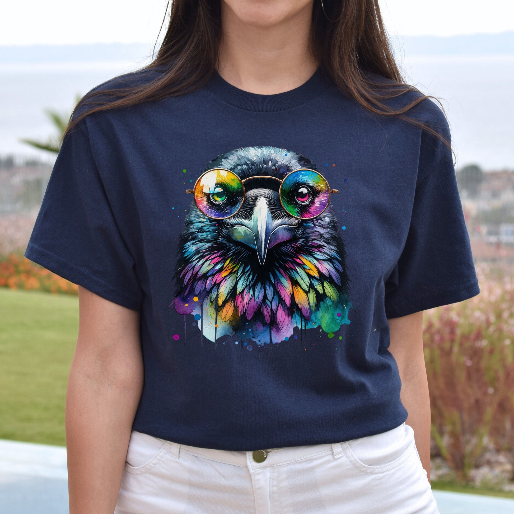 Raven with Glasses Color Splash Unisex T-shirt Black Navy Dark Heather-Navy-Family-Gift-Planet