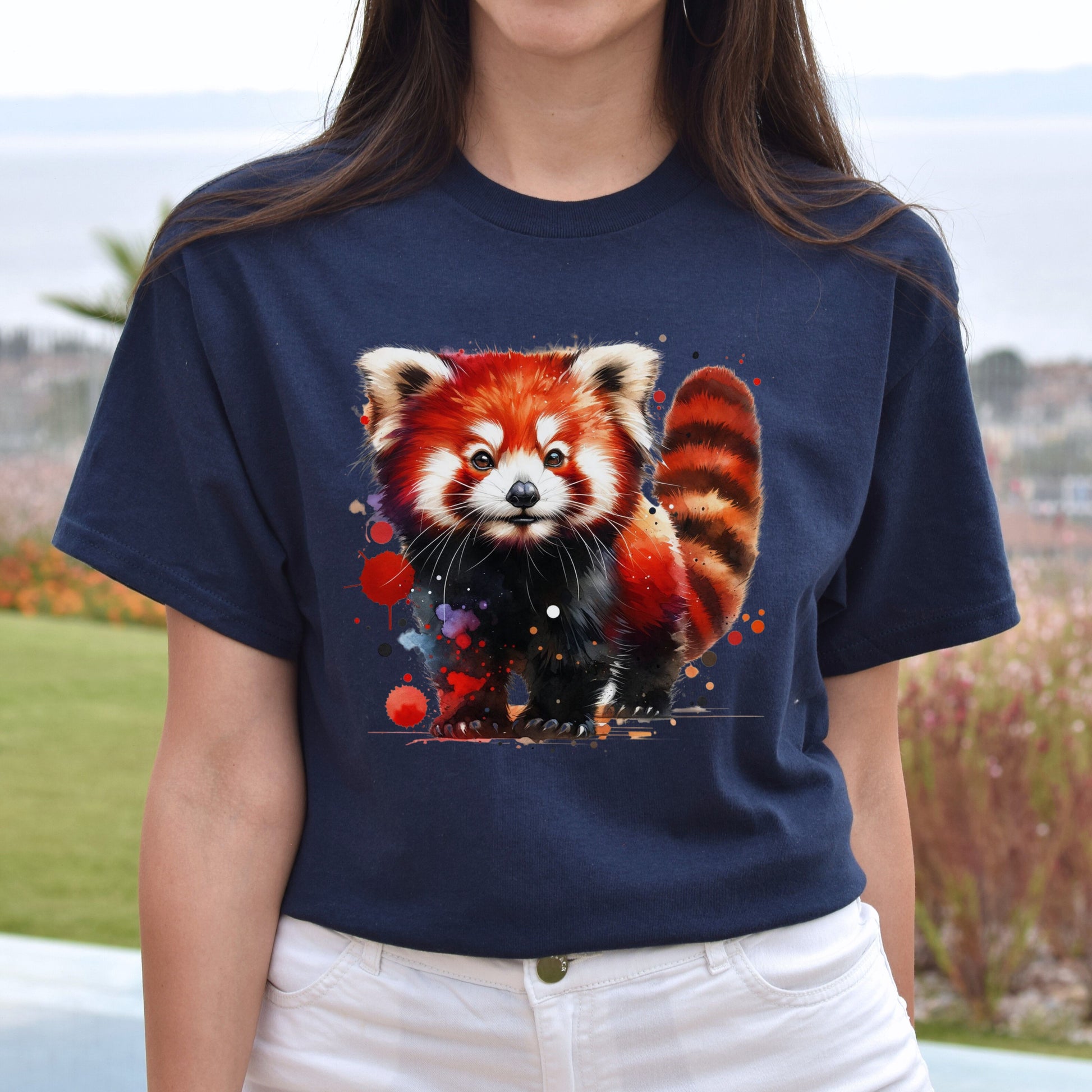 Artistic Red Panda Color Splash Unisex T-shirt Black Navy Dark Heather-Navy-Family-Gift-Planet