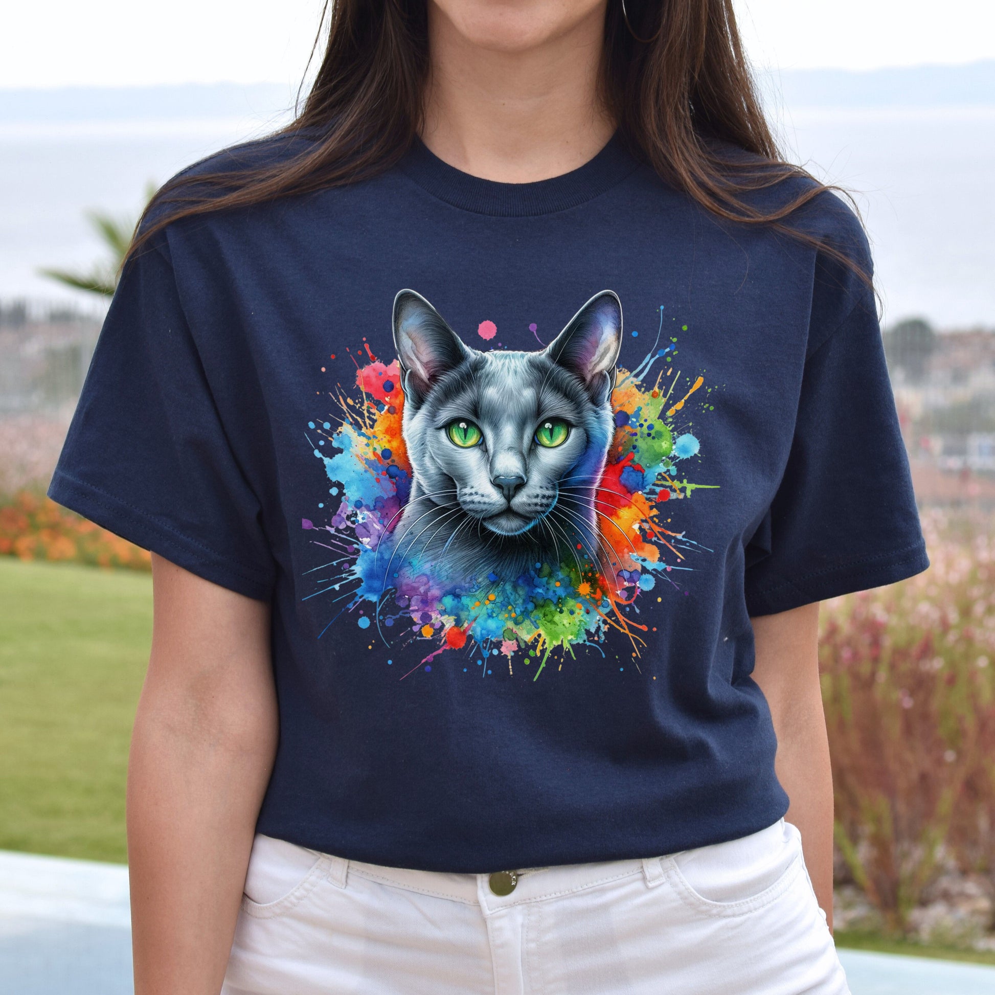 Russian Blue Cat Color Splash Unisex T-Shirt Black Navy Dark Heather-Navy-Family-Gift-Planet