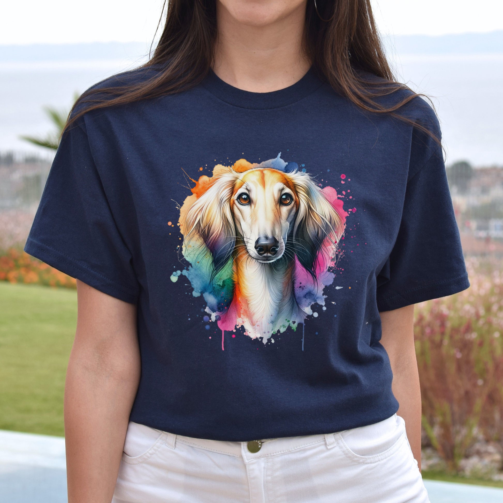 Saluki dog mama Color Splash Unisex T-shirt Black Navy Dark Heather-Navy-Family-Gift-Planet