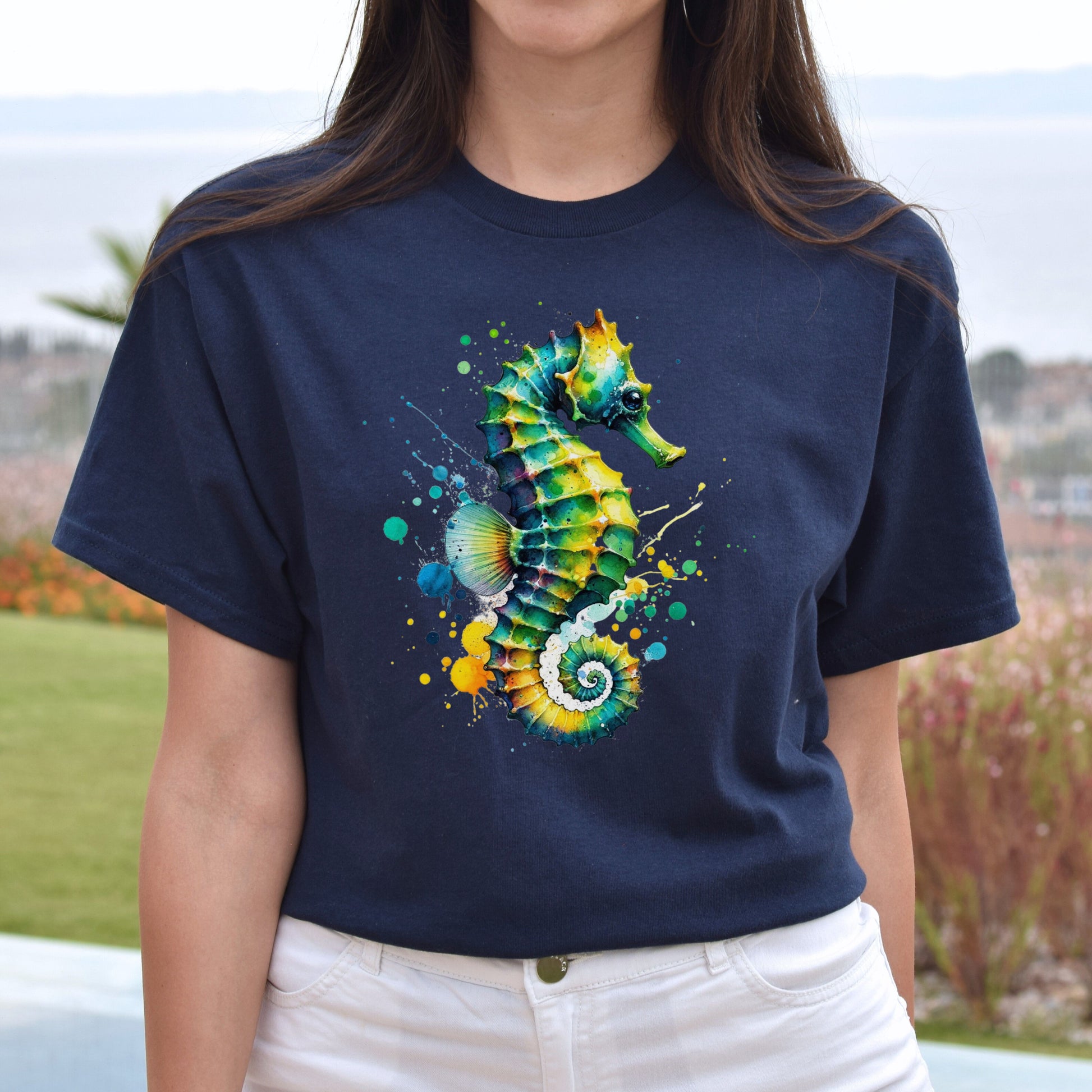 Artistic Seahorse Color Splash Unisex T-shirt Black Navy Dark Heather-Navy-Family-Gift-Planet