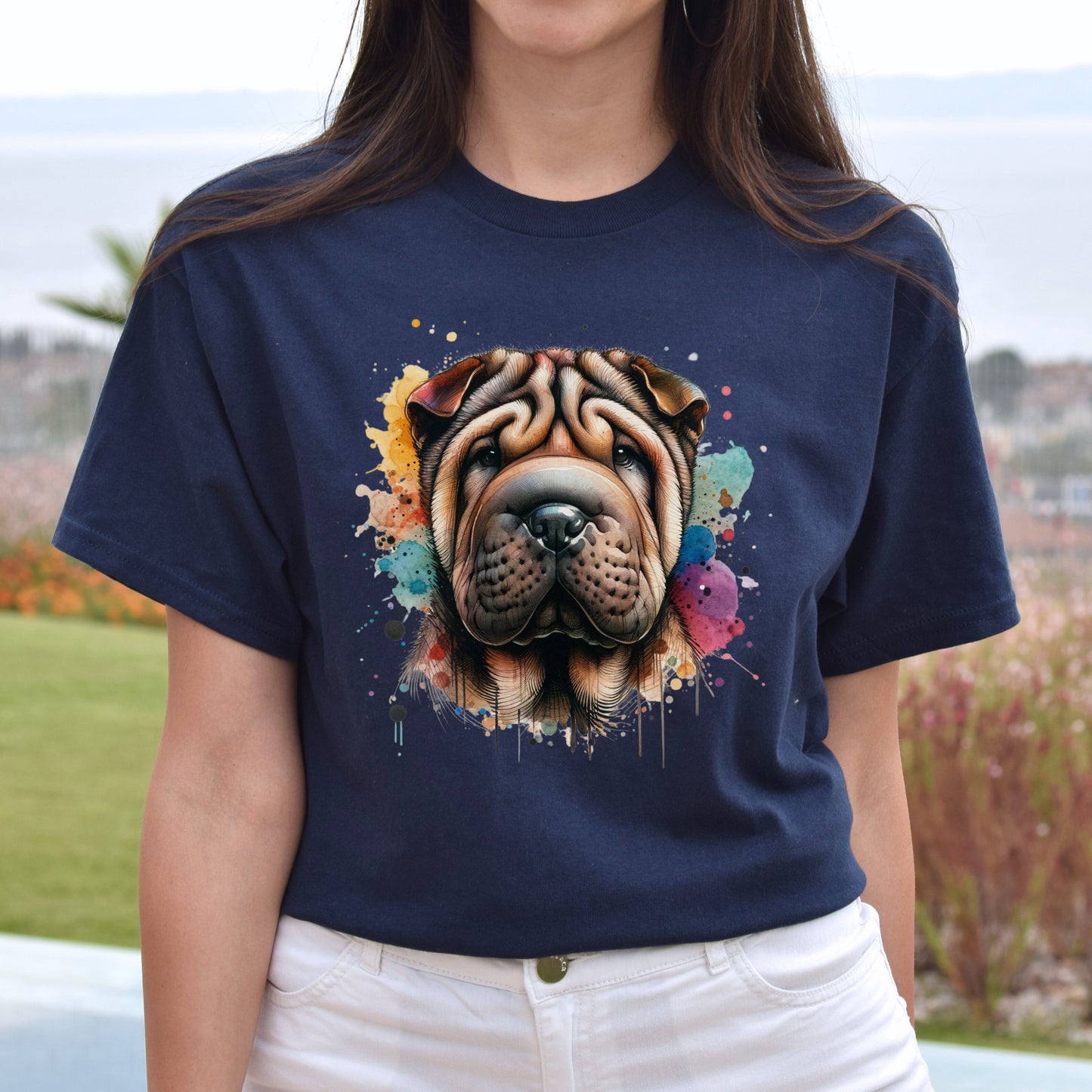 Shar-Pei dog mom Color Splash Unisex T-shirt Black Navy Dark Heather-Navy-Family-Gift-Planet