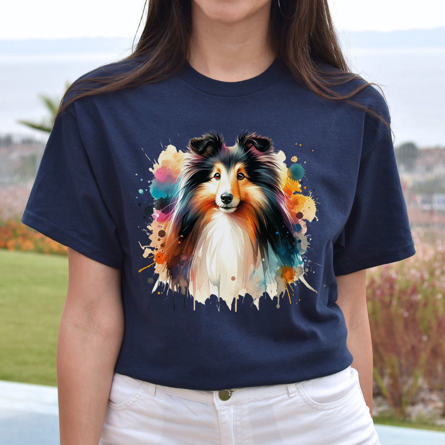 Shetland Sheepdog dog mama Color Splash Unisex T-shirt Black Navy Dark Heather-Navy-Family-Gift-Planet