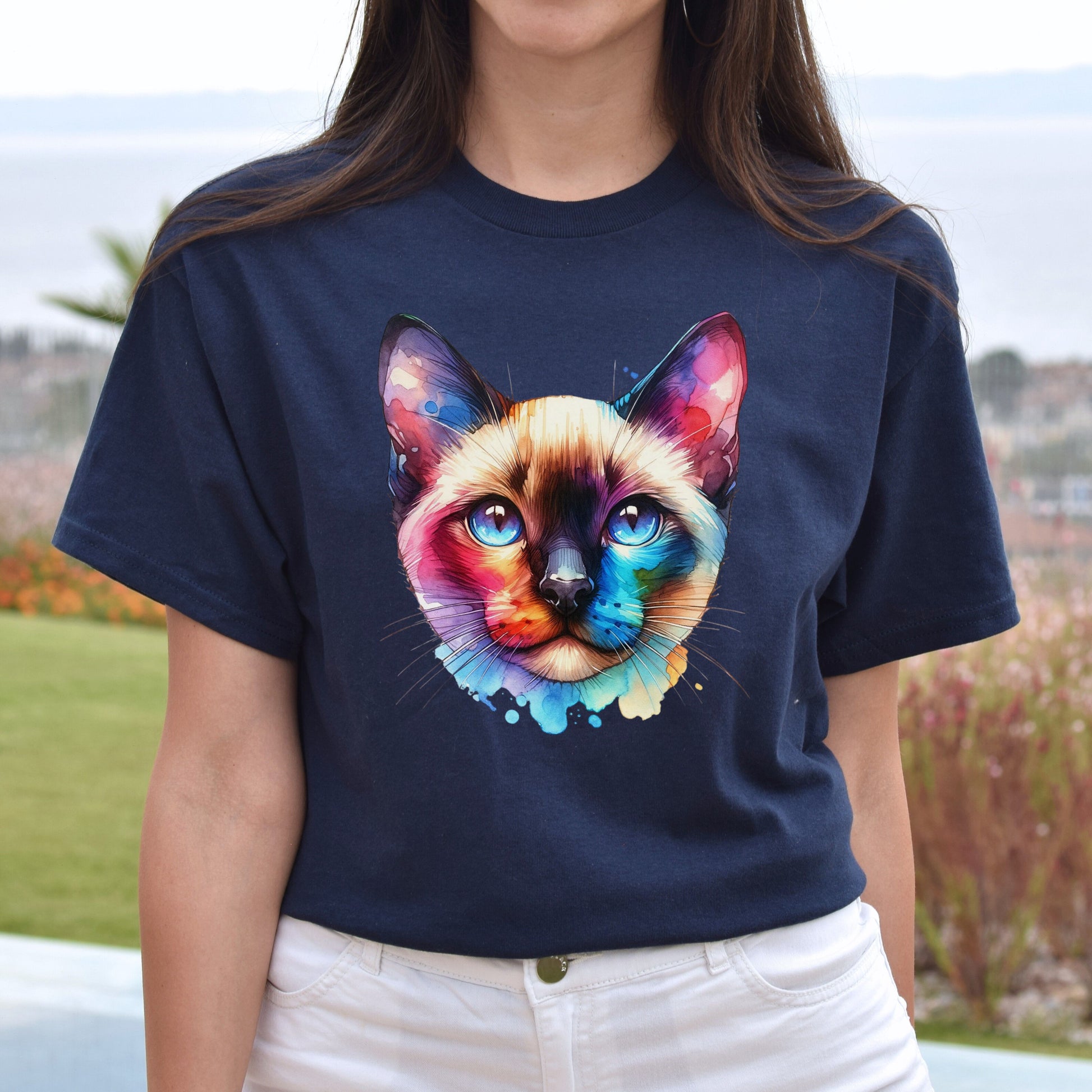 Siamese Cat Color Splash Unisex T-Shirt Black Navy Dark Heather-Navy-Family-Gift-Planet