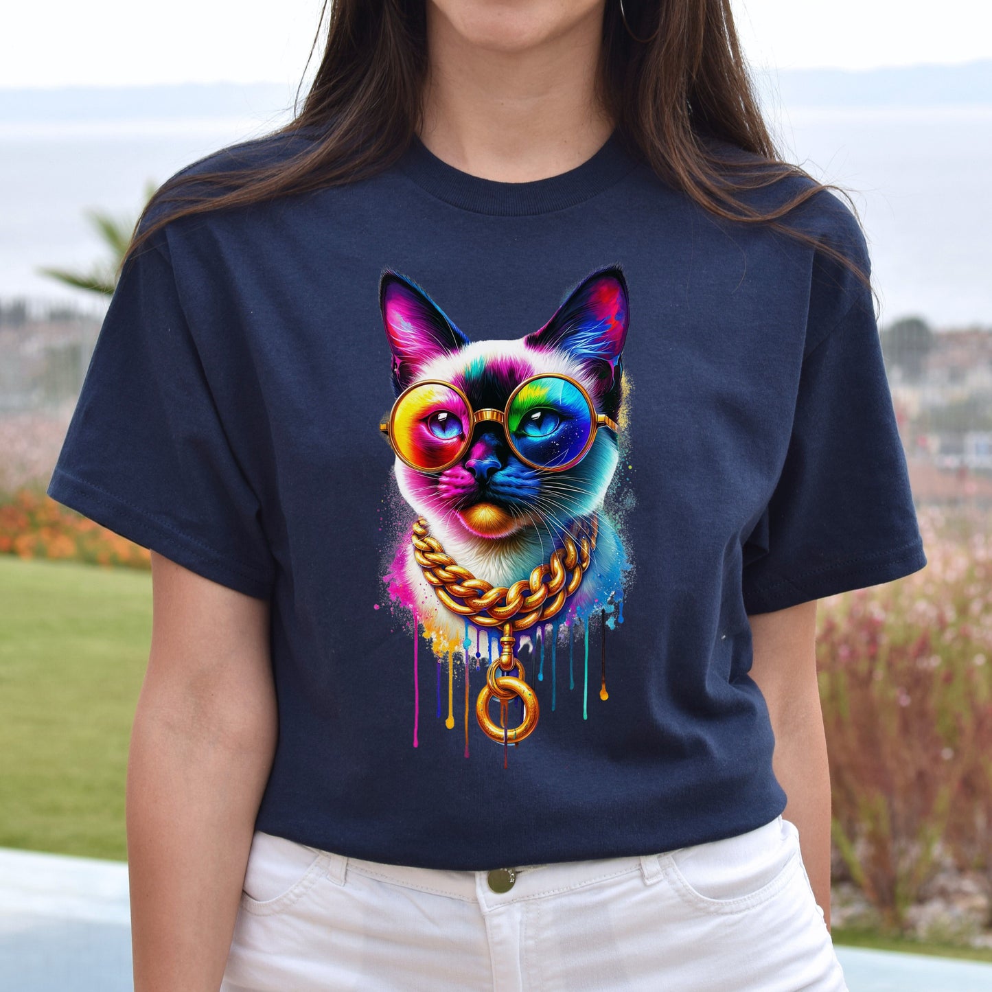 Siamese cat in hip style Color Splash Unisex T-shirt Black Navy Dark Heather-Navy-Family-Gift-Planet