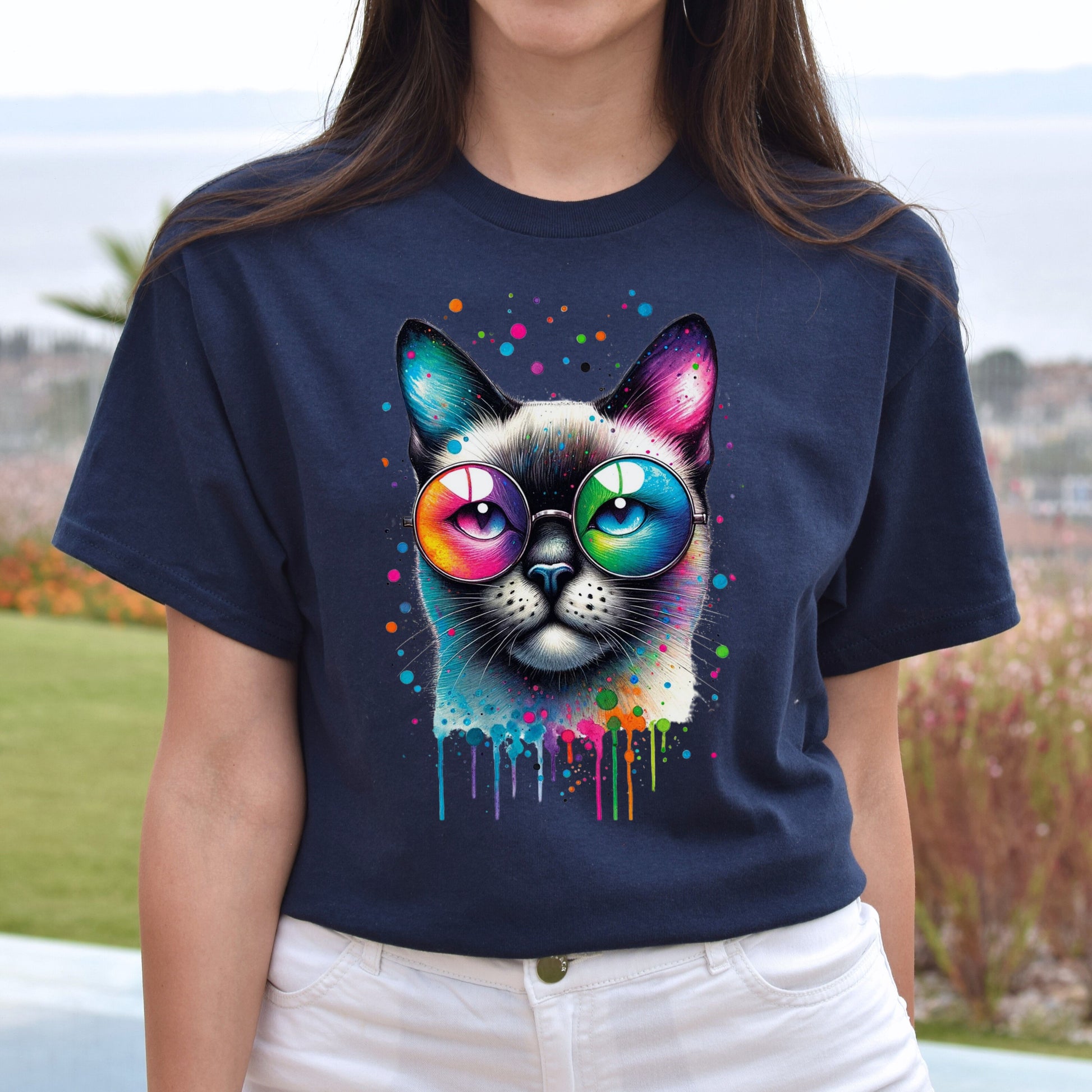 Siamese cat with eyeglasses Color Splash Unisex T-shirt Black Navy Dark Heather-Navy-Family-Gift-Planet