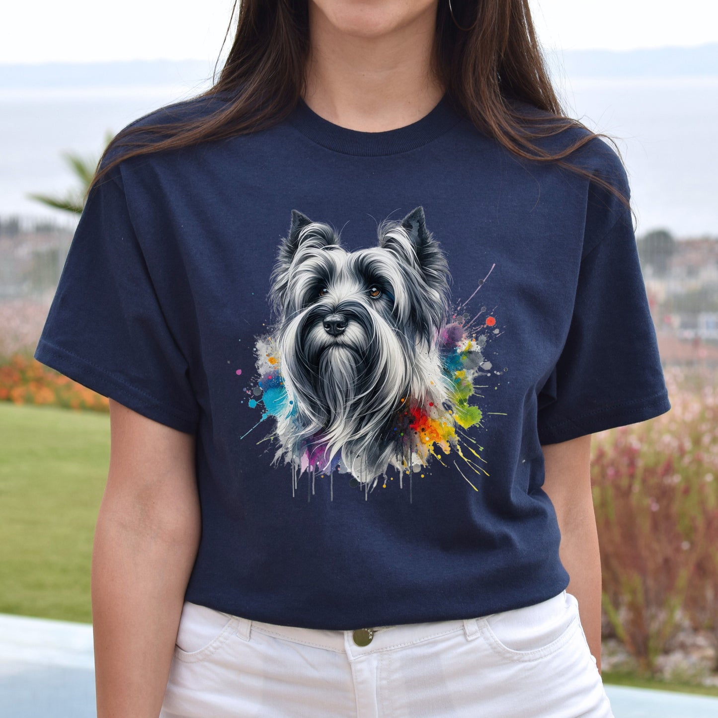 Skye Terrier mama Color Splash Unisex T-shirt Black Navy Dark Heather-Navy-Family-Gift-Planet