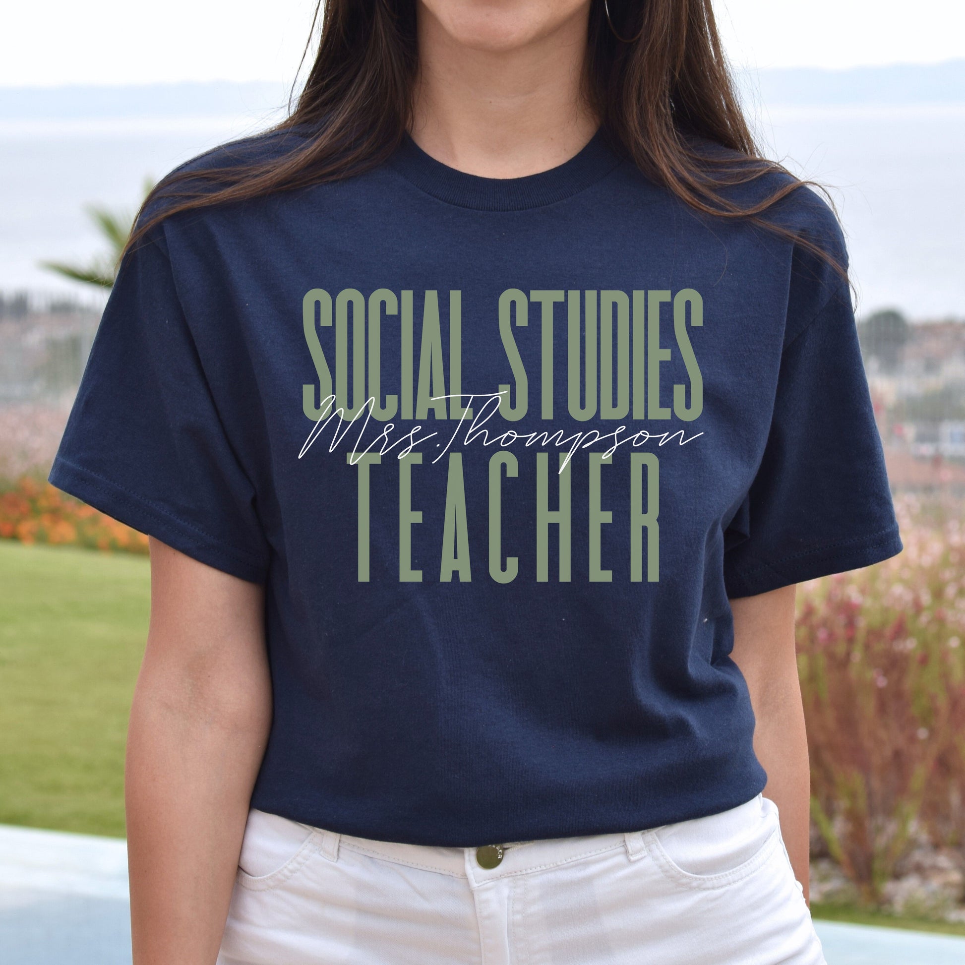 Social Studies teacher T-Shirt gift Customized Unisex tee Black Navy Dark Heather-Navy-Family-Gift-Planet