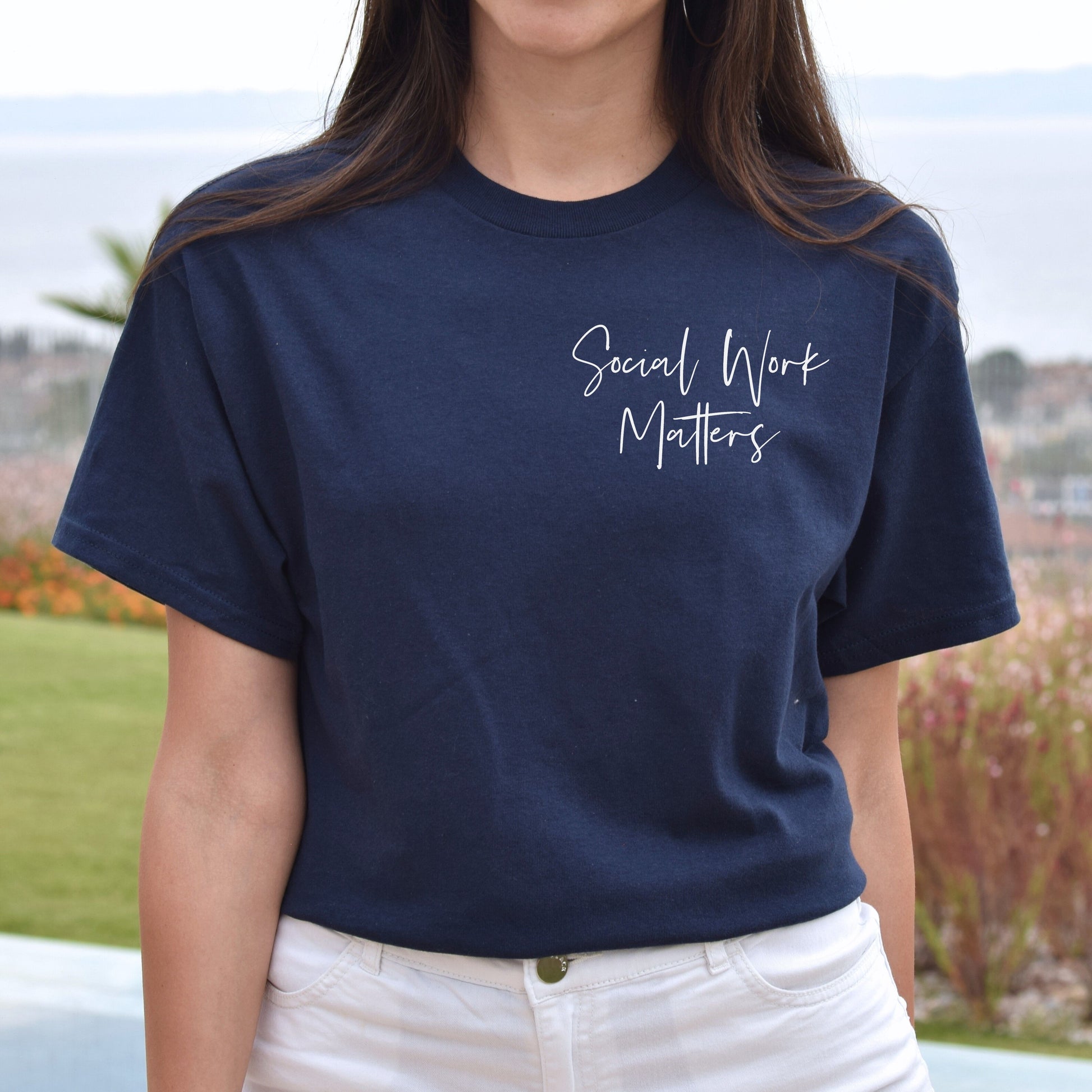 Social Work matters pocket Unisex T-shirt Social worker tee Black Navy Dark Heather-Navy-Family-Gift-Planet