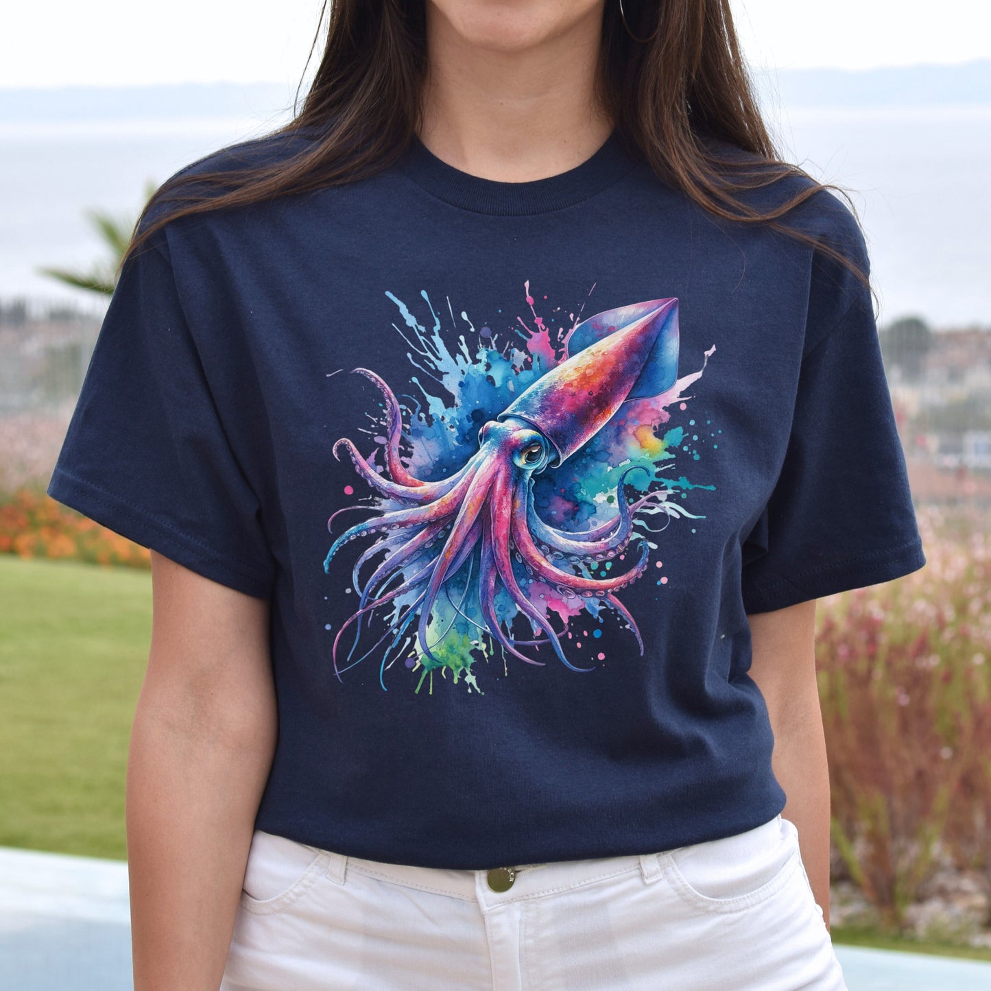 Artistic Squid Color Splash Unisex T-shirt Black Navy Dark Heather-Navy-Family-Gift-Planet