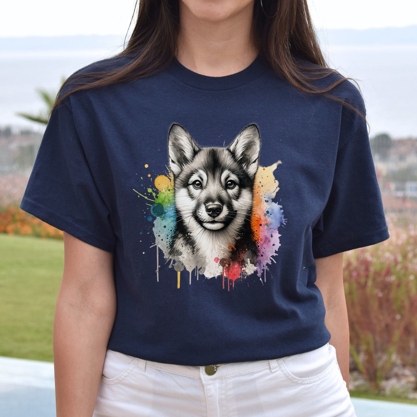 Swedish Vallhund dog mama Color Splash Unisex T-shirt Black Navy Dark Heather-Navy-Family-Gift-Planet