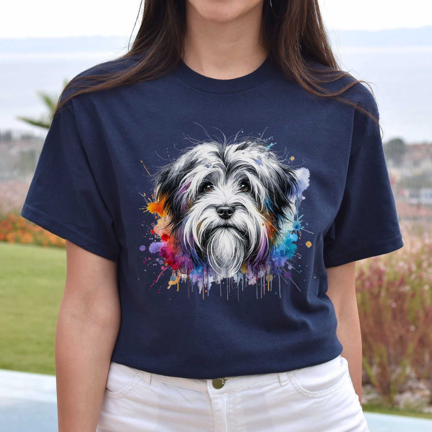 Tibetan Terrier dog mama Color Splash Unisex T-shirt Black Navy Dark Heather-Navy-Family-Gift-Planet