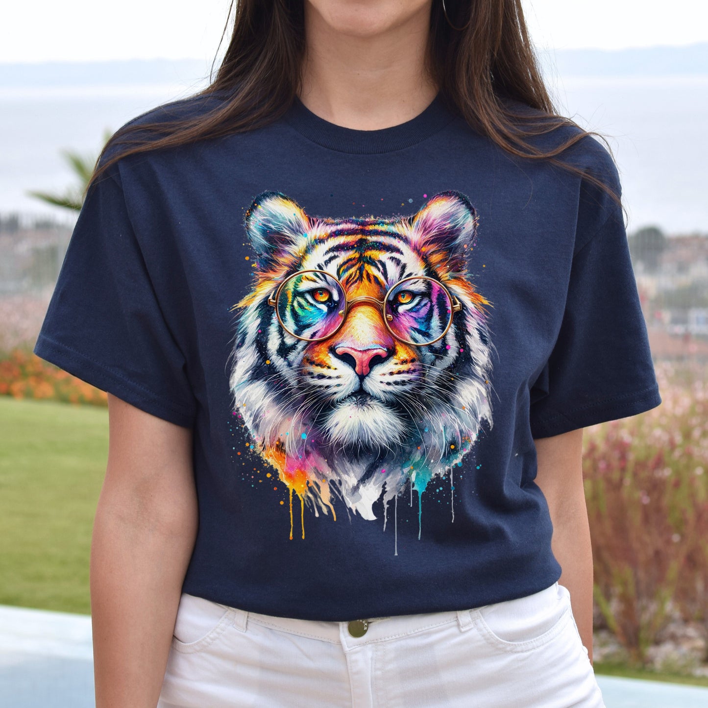 Tiger with eyeglasses Color Splash Unisex T-shirt Black Navy Dark Heather-Navy-Family-Gift-Planet