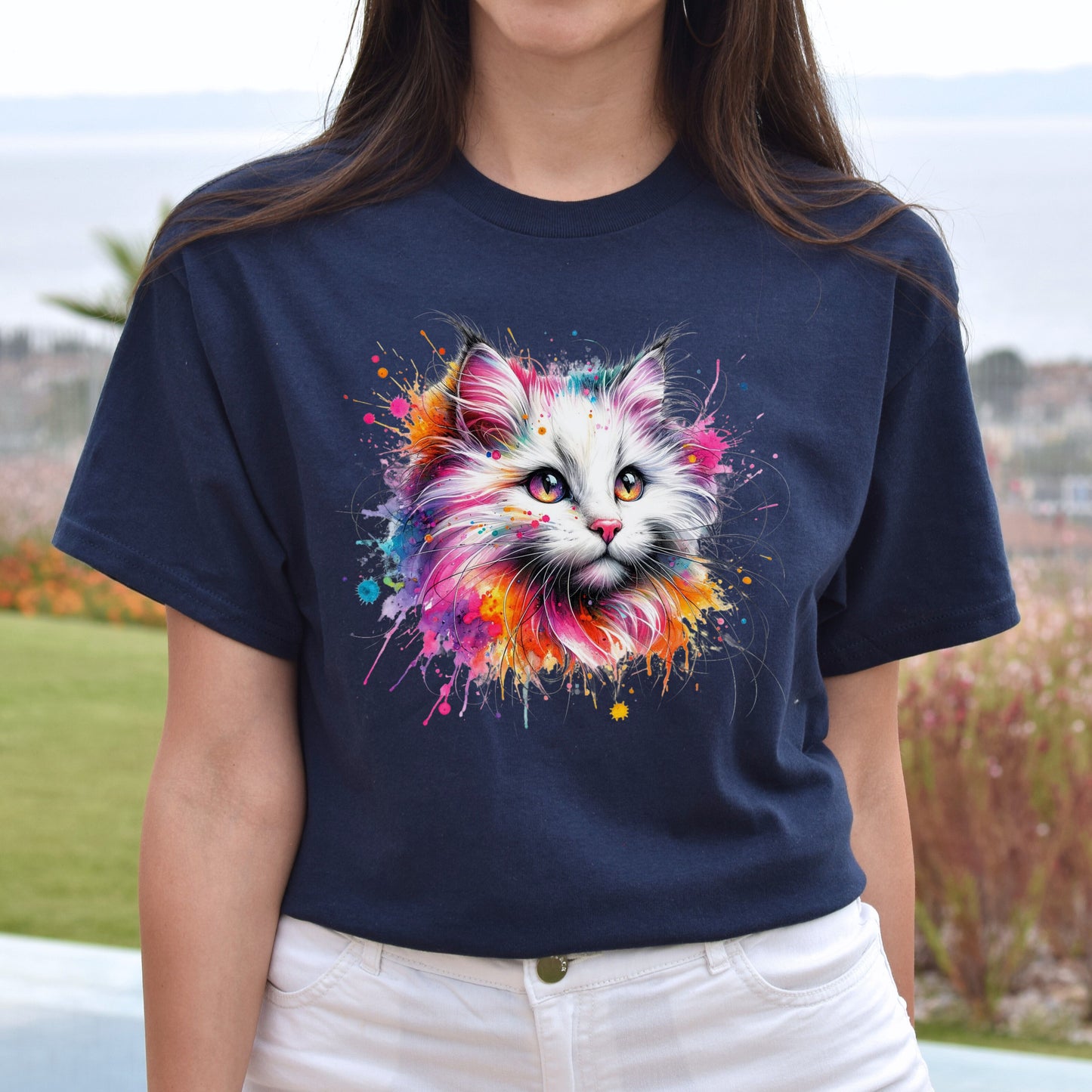 Turkish Angora Cat Color Splash Unisex T-Shirt Black Navy Dark Heather-Navy-Family-Gift-Planet