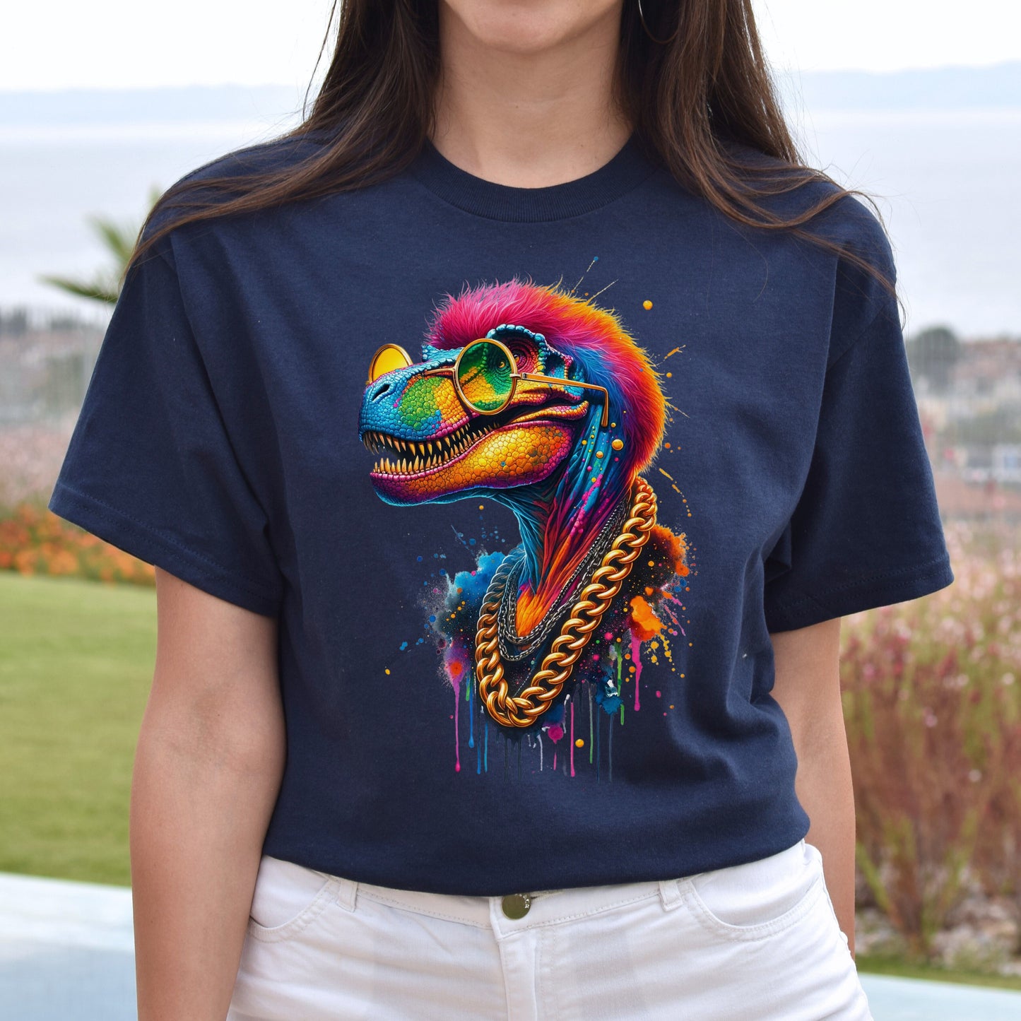 Tyrannosaurus Rex (T-Rex) in hip style Color Splash Unisex T-shirt-Navy-Family-Gift-Planet