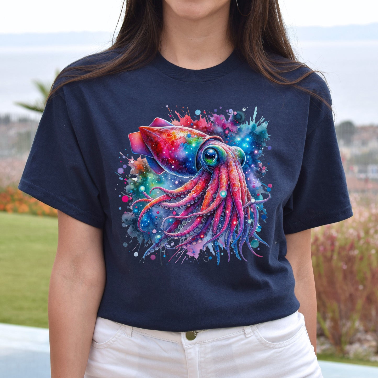 Artistic Vampire Squid Color Splash Unisex T-shirt Black Navy Dark Heather-Navy-Family-Gift-Planet