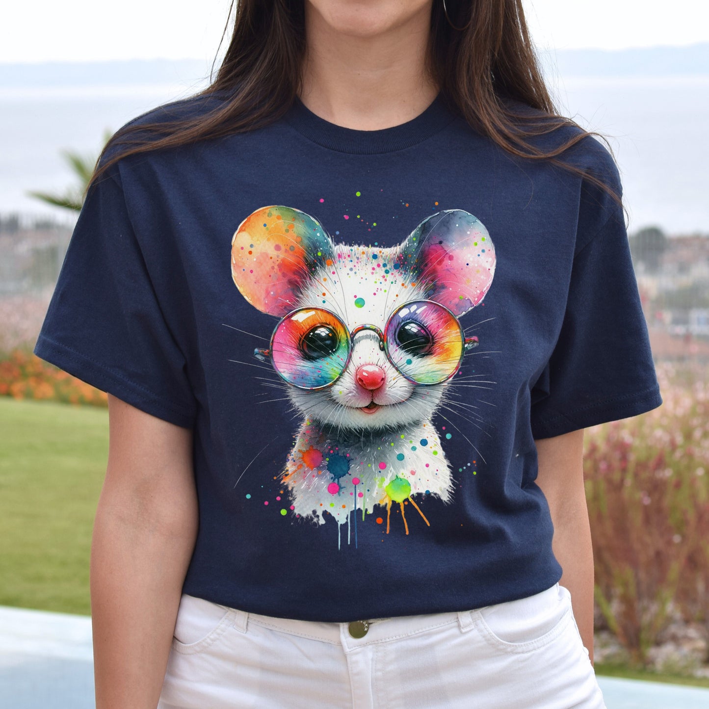 Whimsical mouse with glasses Color Splash Unisex T-shirt Black Navy Dark Heather-Navy-Family-Gift-Planet
