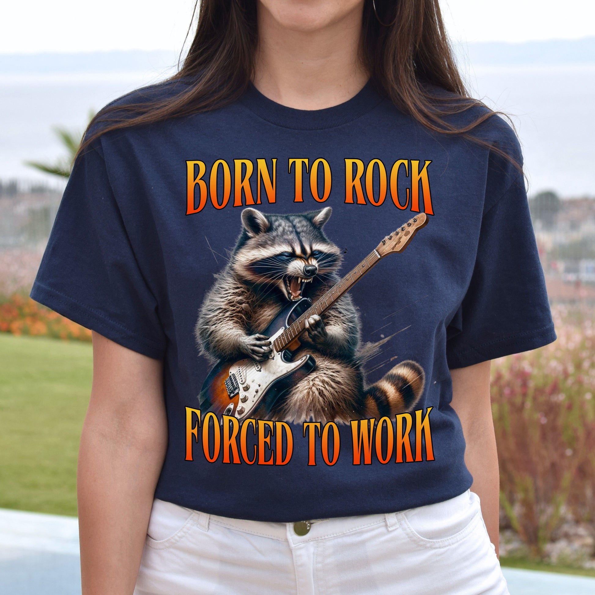 Born to rock forced to work T-Shirt Guitar player funny racoon musician gift Unisex tee Black Navy Dark Heather-Navy-Family-Gift-Planet