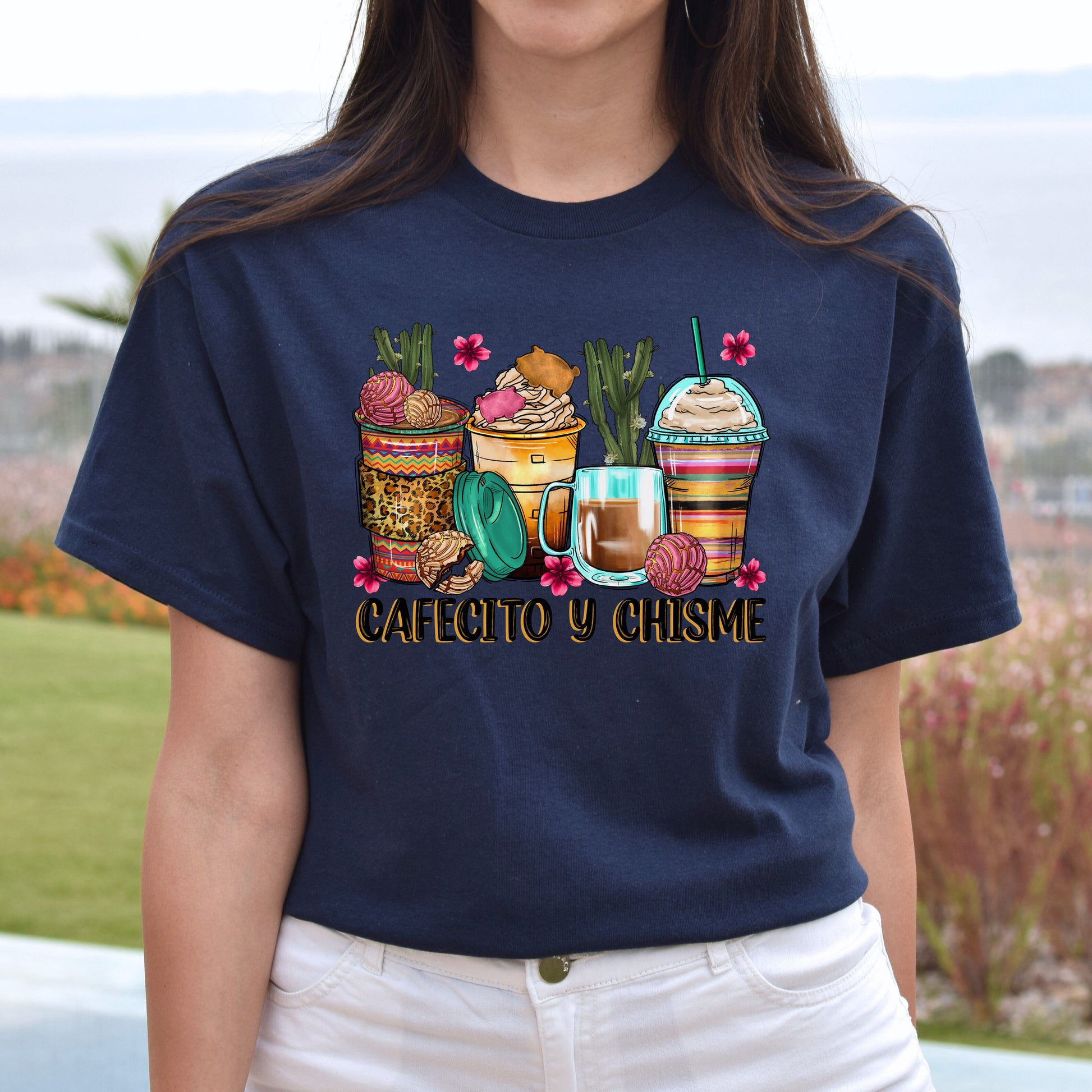 Cafecito y chisme coffee cups unisex tshirt Mexican coffee lover tee S-5XL-Family-Gift-Planet