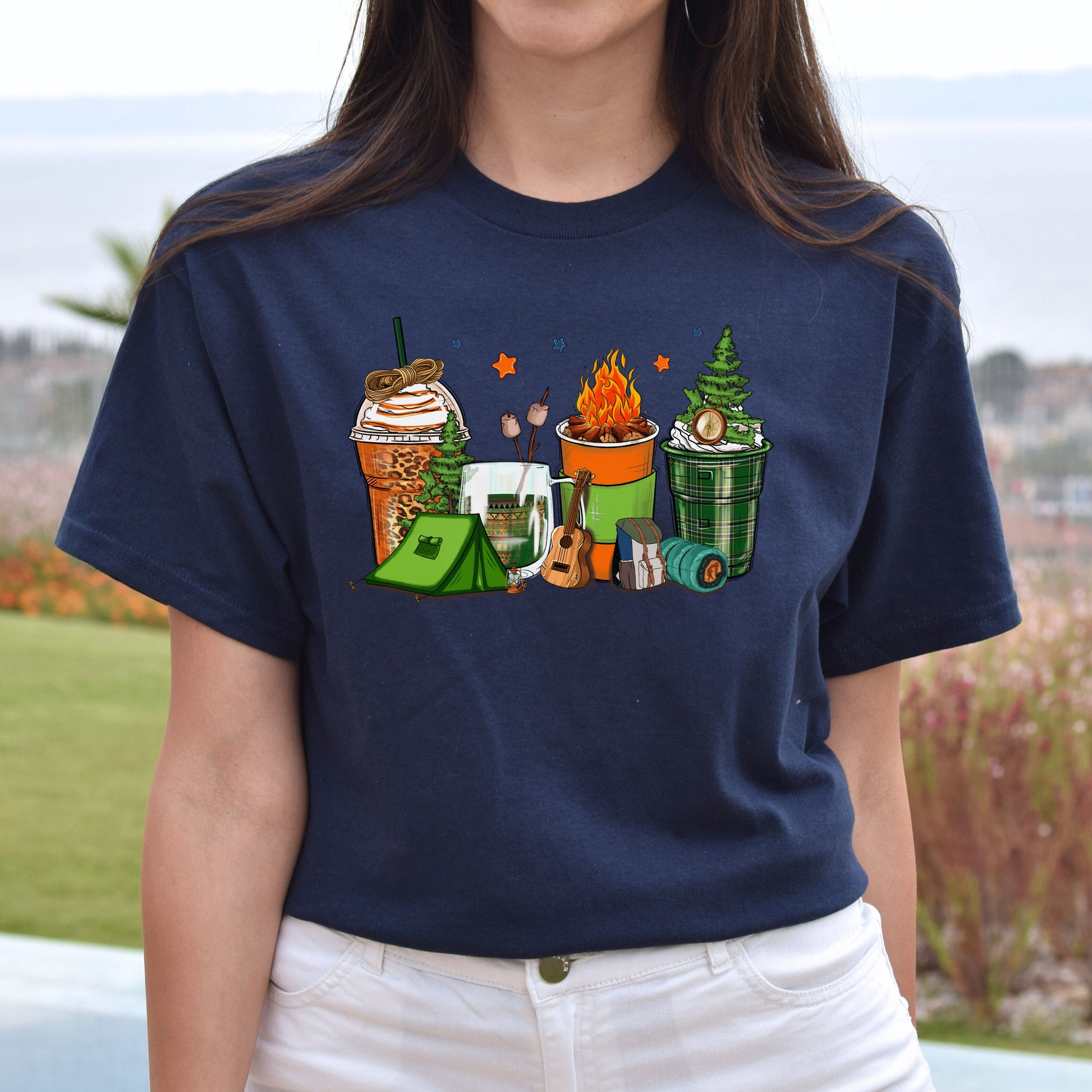 Camping and coffee cups unisex tshirt happy camper tee S-5XL-Family-Gift-Planet